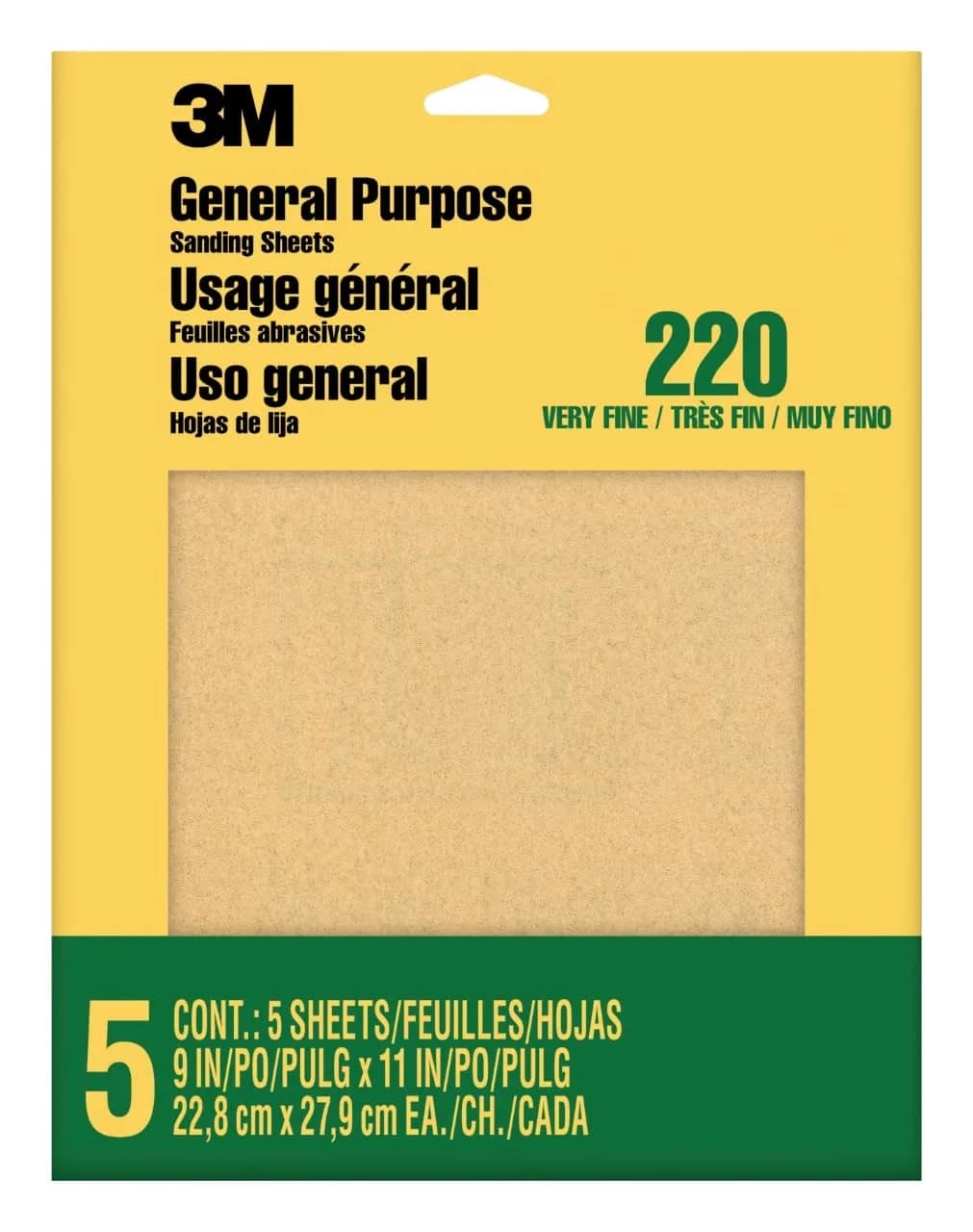 3M Aluminum Oxide Sandpaper 220 Grit, 9 x 11 in, 5 Sheets | Very Fine Grit for Wood, Metal & Paint - main product image