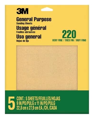 3M Aluminum Oxide Sandpaper 220 Grit, 9 x 11 in, 5 Sheets | Very Fine Grit for Wood, Metal & Paint thumbnail 1