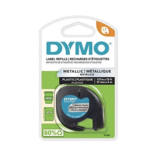 DYMO LetraTag Labeling Tape, Black on Metallic Silver, 12mm (0.5'') x 4m (13') | Durable Plastic Labels for Home Organization thumbnail 1