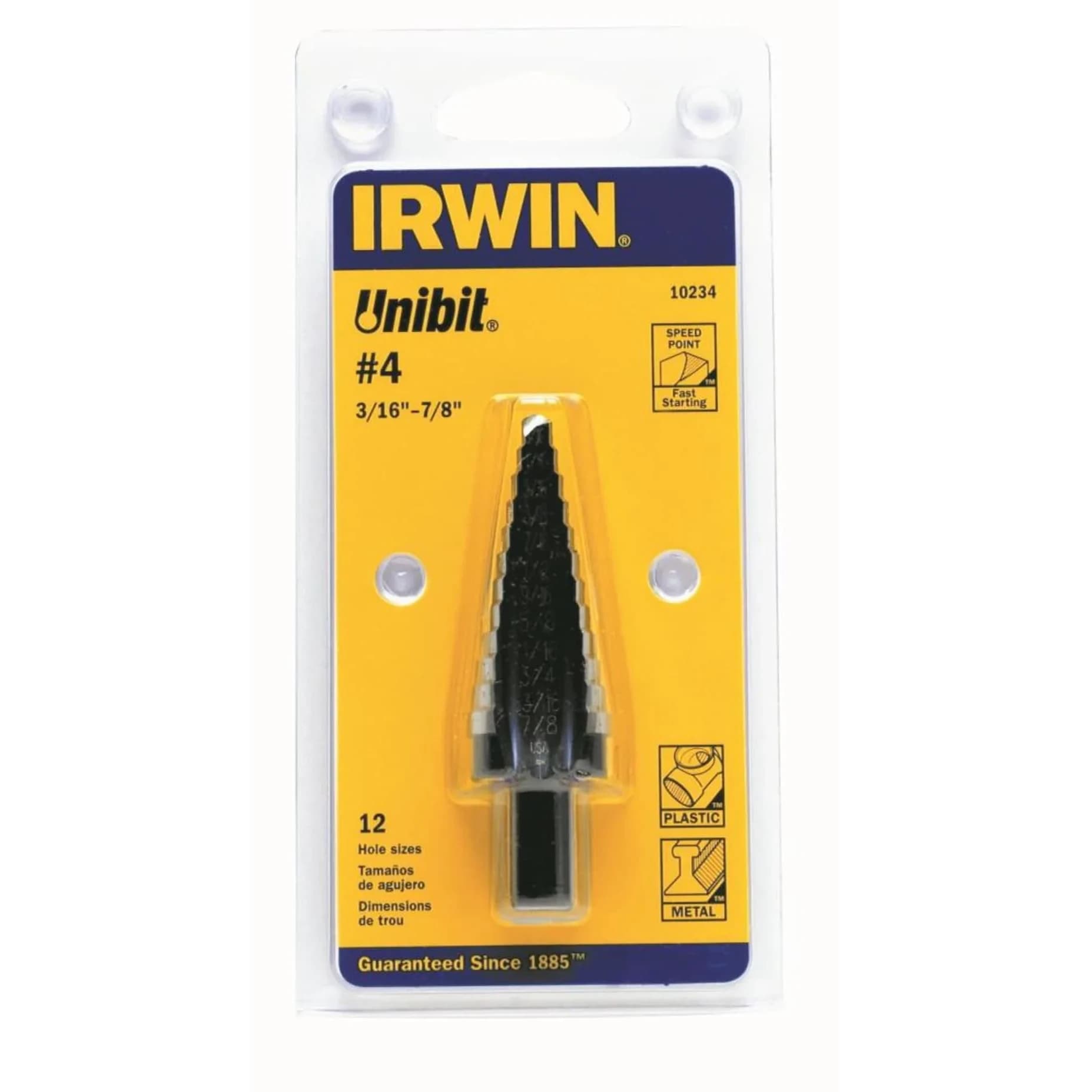 IRWIN 10234 Unibit #4 Step Drill Bit 3/16-7/8" (2.2-22.2mm) | High Speed Steel with 3-Flat Shank - main product image