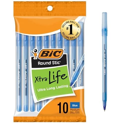BIC Round Stic Xtra Life Blue Ballpoint Pens, Medium Point (1.0mm), 10-Count Pack | Smooth Writing Comfort thumbnail 1
