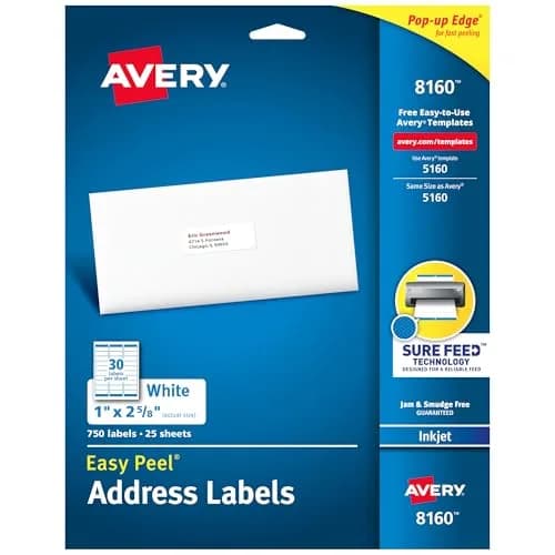 Avery Easy Peel Address Labels, Inkjet Printers, White, 1" x 2-5/8", Box of 750 Labels | Professional Grade thumbnail 1