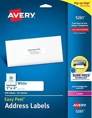Avery Easy Peel Printable Address Labels with Sure Feed, 1" x 4", White, 500 Blank Mailing Labels | Reliable Printer Feed thumbnail 1