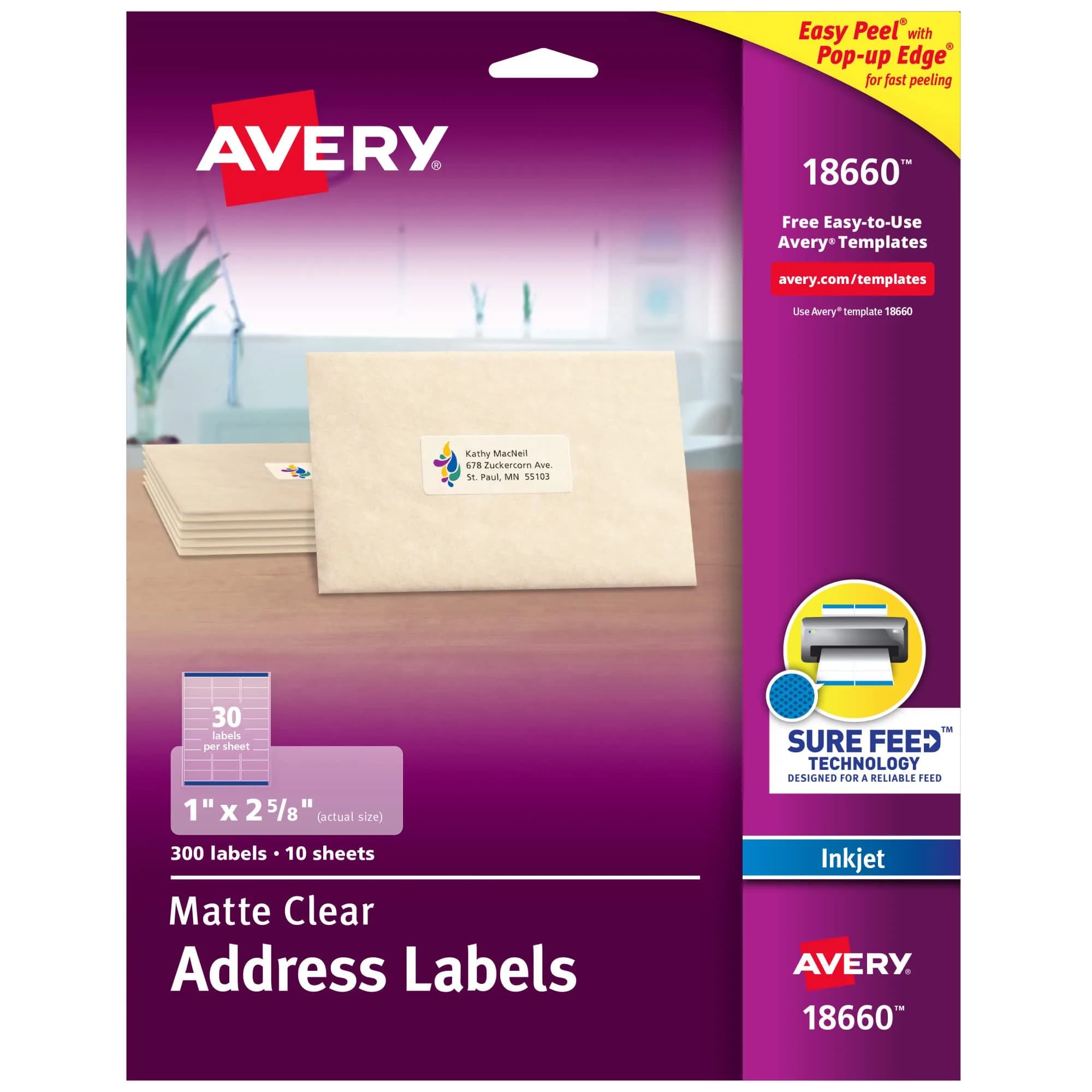 Avery Printable Address Labels with Sure Feed 1" x 2-5/8" Matte Clear | 300 Labels for Professional & Personal Use - main product image