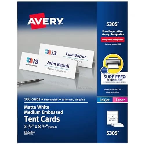 Avery Printable Tent Cards, 2.5" x 8.5", Matte White, 100 Place Cards | Customizable, Heavyweight Cardstock, Perfect for Events thumbnail 1