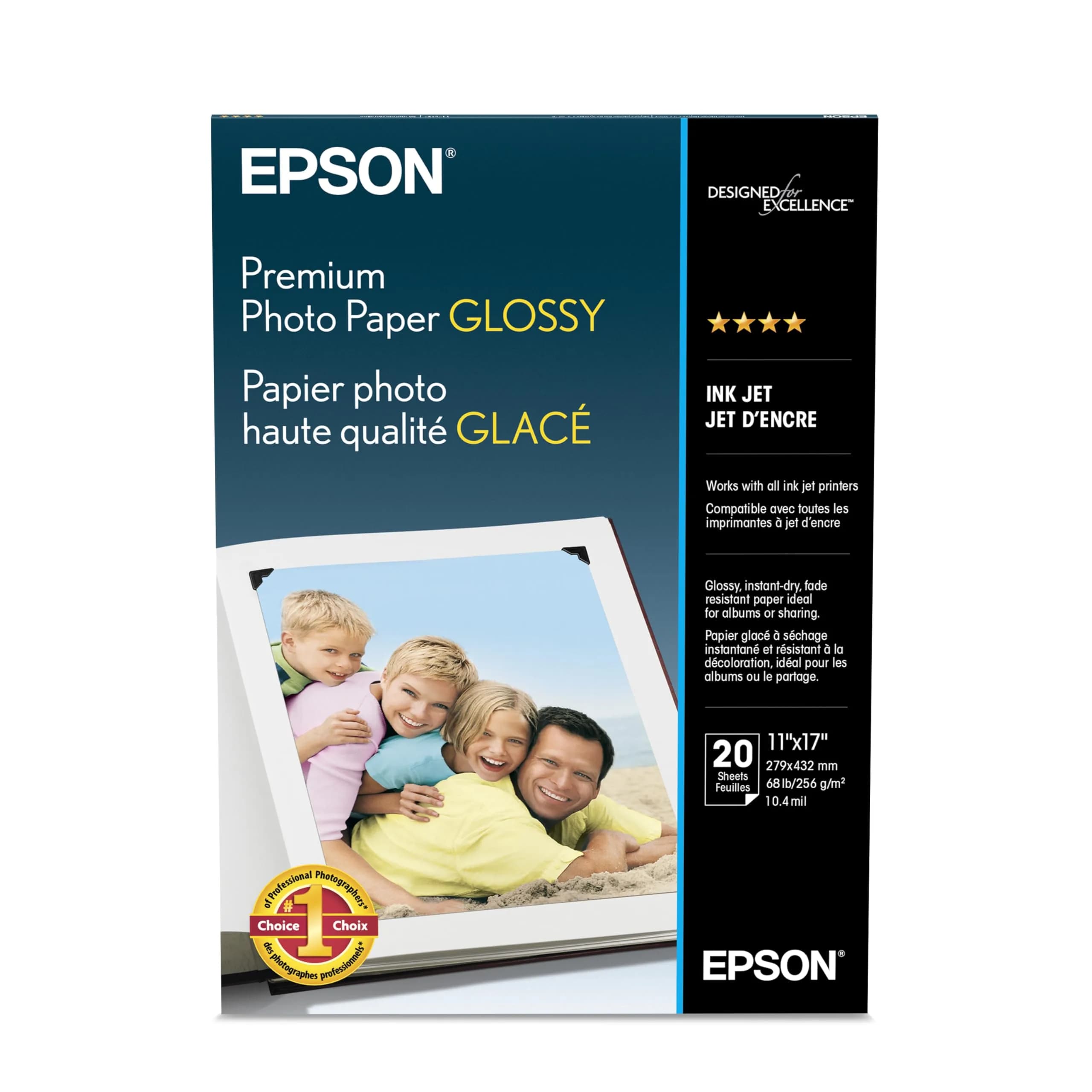 Epson Premium Photo Paper Glossy 11x17 Inches (20 Sheets) | Bright White, Resin Coated for Professional Prints