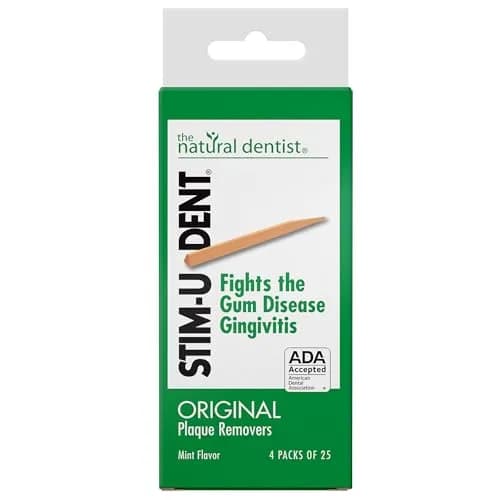 The Natural Dentist Stim-U-Dent Mint Dental Picks, Wooden Toothpicks for Food & Plaque Removal, Travel-Friendly, 4 Packs of 25 (100 Picks) | Natural Mint Flavour for Oral Hygiene thumbnail 1