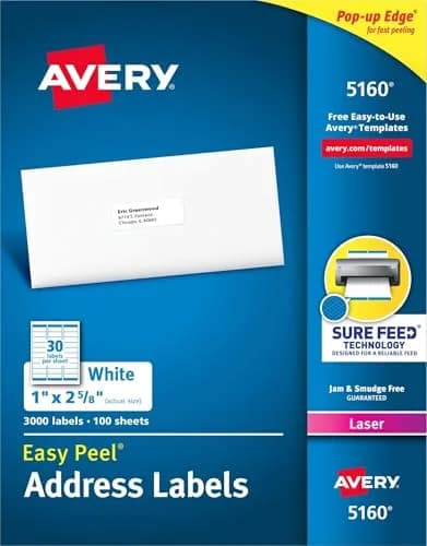Avery Easy Peel Printable Address Labels 1" x 2-5/8" White 3000 Labels | Sure Feed Technology for Jam-Free Printing thumbnail 1