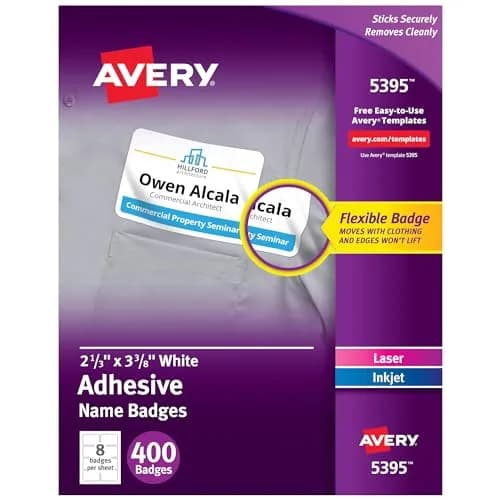 Avery Flexible Printable Name Tags, Matte White, 400 Removable Name Badges (2-1/3" x 3-3/8") | For Laser & Inkjet Printers thumbnail 1