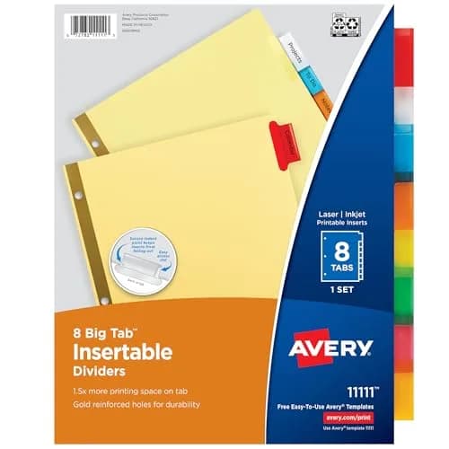 Avery Big Tab Insertable Dividers, 8-Tab, Multicolor, 1 Set | 3-Hole Punched for Binders thumbnail 1