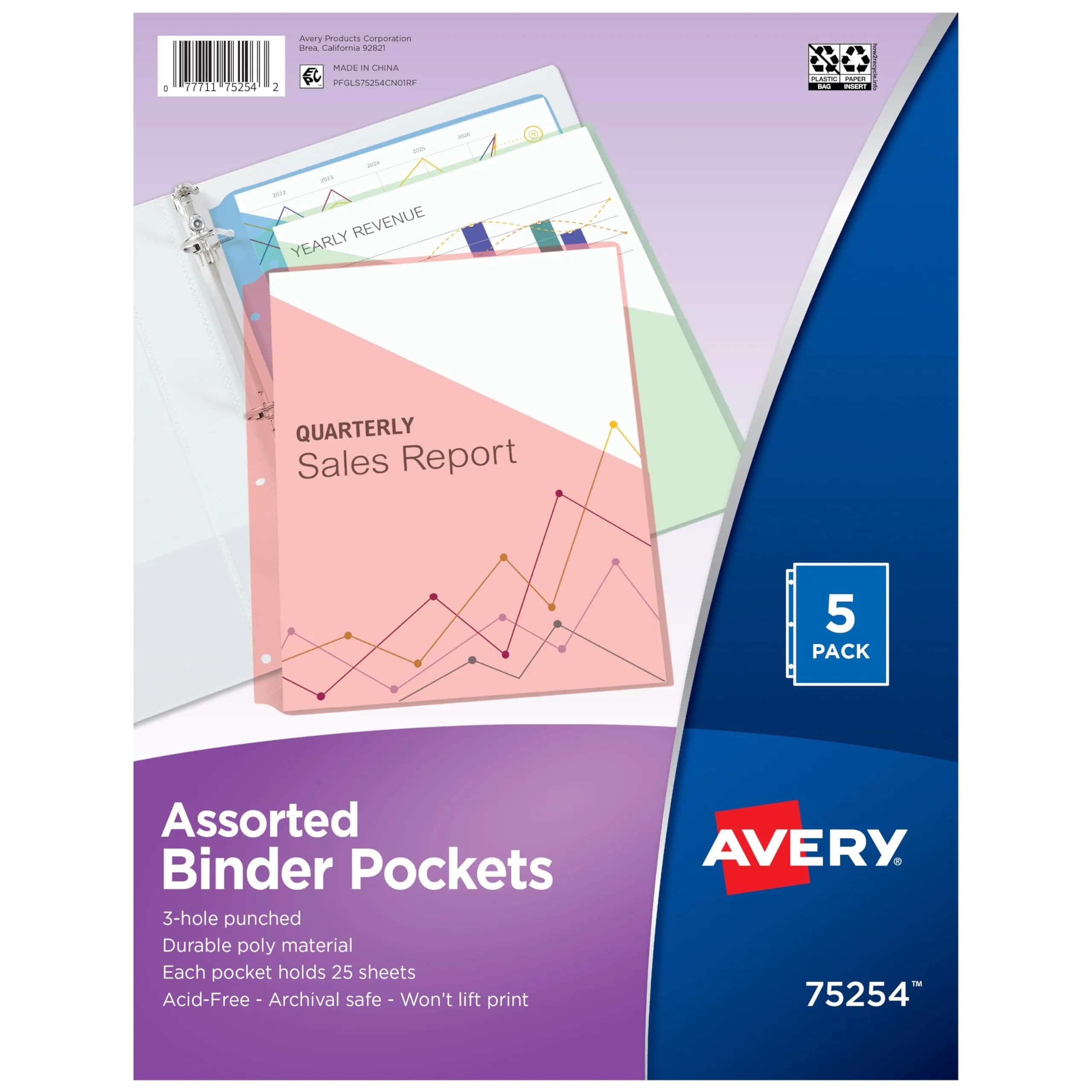Avery Binder Pockets for 3 Ring Binders, Assorted Colors | Archival-Safe, Fits 8.5" x 11" Documents, 5 Pack - main product image