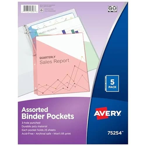 Avery Binder Pockets for 3 Ring Binders, Assorted Colors | Archival-Safe, Fits 8.5" x 11" Documents, 5 Pack thumbnail 1