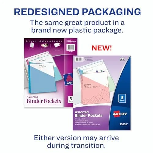 Avery Binder Pockets for 3 Ring Binders, Assorted Colors | Archival-Safe, Fits 8.5" x 11" Documents, 5 Pack thumbnail 2