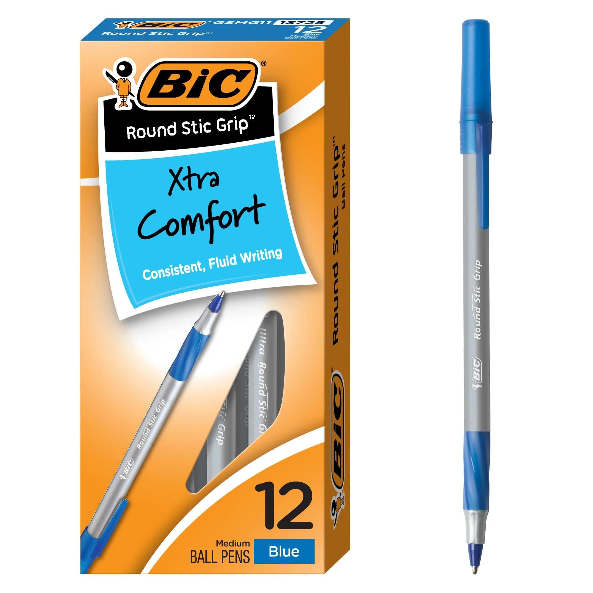 BIC Round Stic Grip Xtra Comfort Black Ballpoint Pens, Medium Point (1.2mm), 12-Count Pack | Smooth Ink Flow — Blue