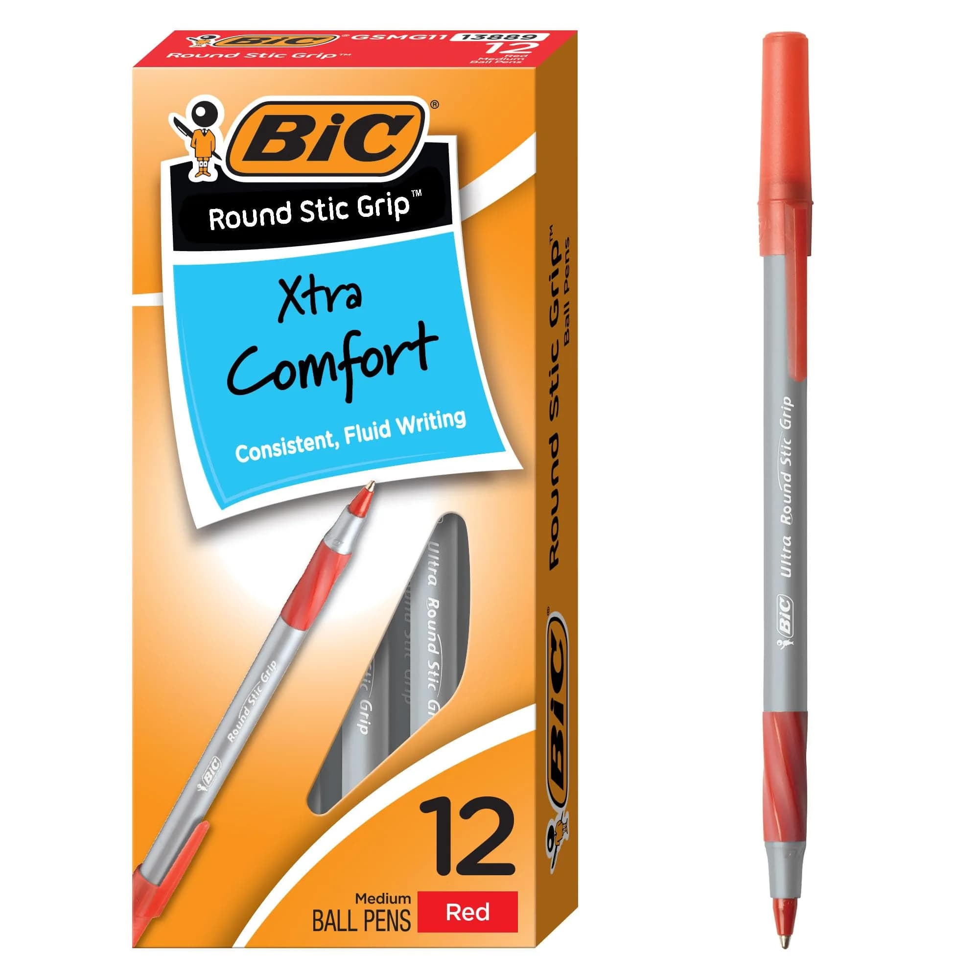 BIC Round Stic Grip Xtra Comfort Black Ballpoint Pens, Medium Point (1.2mm), 12-Count Pack | Smooth Ink Flow — Red