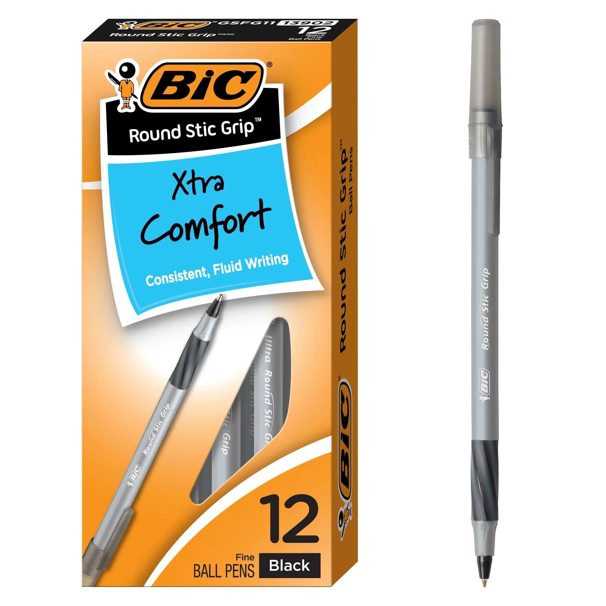 BIC Round Stic Grip Xtra Comfort Fine Blue Ballpoint Pens, 0.8mm, 12-Count Pack | Smooth Ink Flow for Students & Office — Black