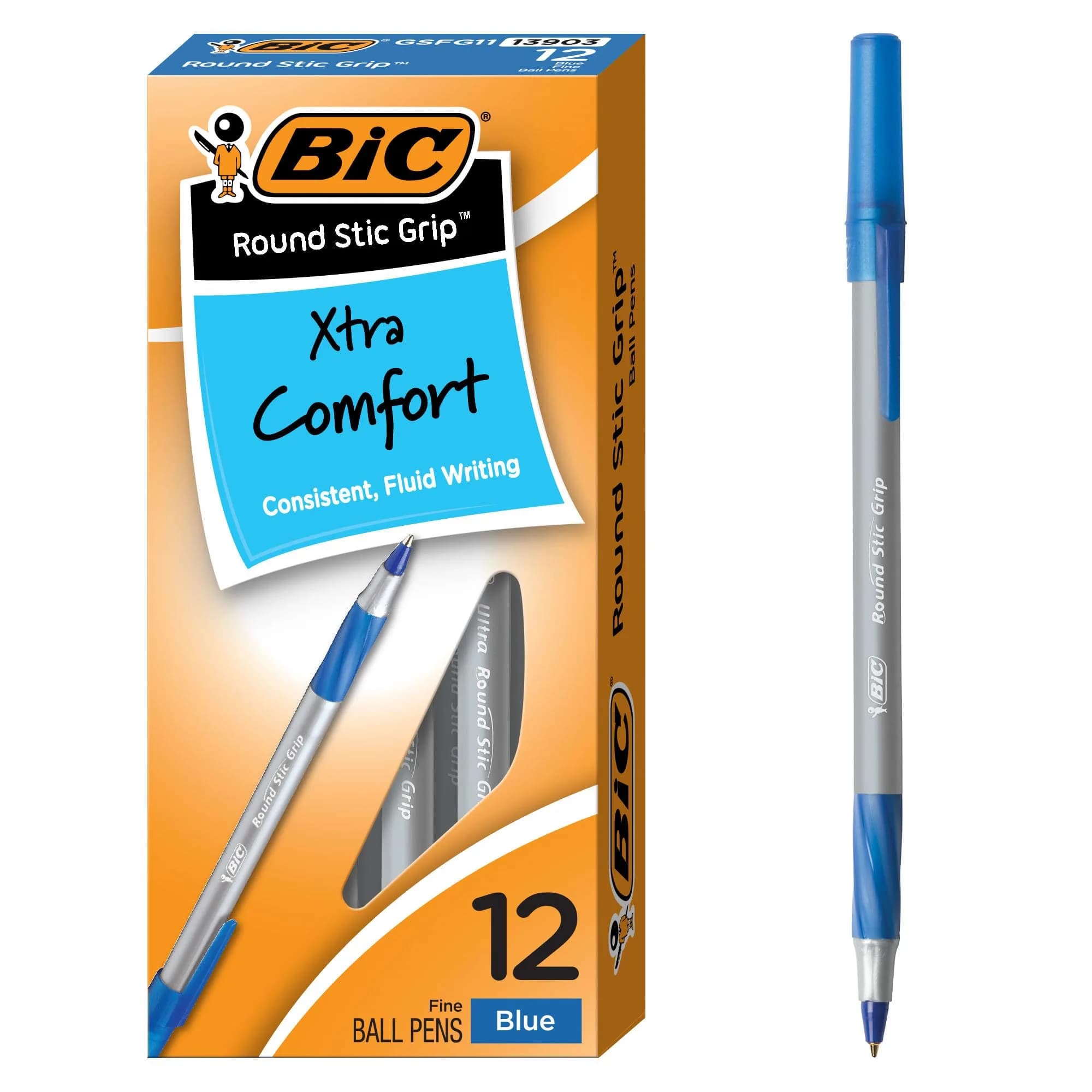 BIC Round Stic Grip Xtra Comfort Fine Blue Ballpoint Pens, 0.8mm, 12-Count Pack | Smooth Ink Flow for Students & Office — Blue