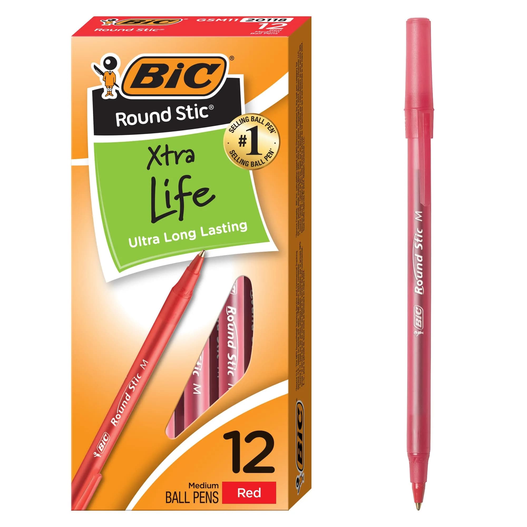 BIC Round Stic Xtra Precision Fine Black Ballpoint Pens, 0.8mm (12-Count Pack) | Smooth Ink Flow — Red