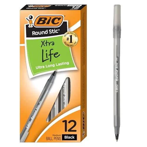 BIC Round Stic Xtra Life Black Ballpoint Pens, 12-Count, 1.0mm Medium Point | Smooth Ink Flow for Students & Office thumbnail 1