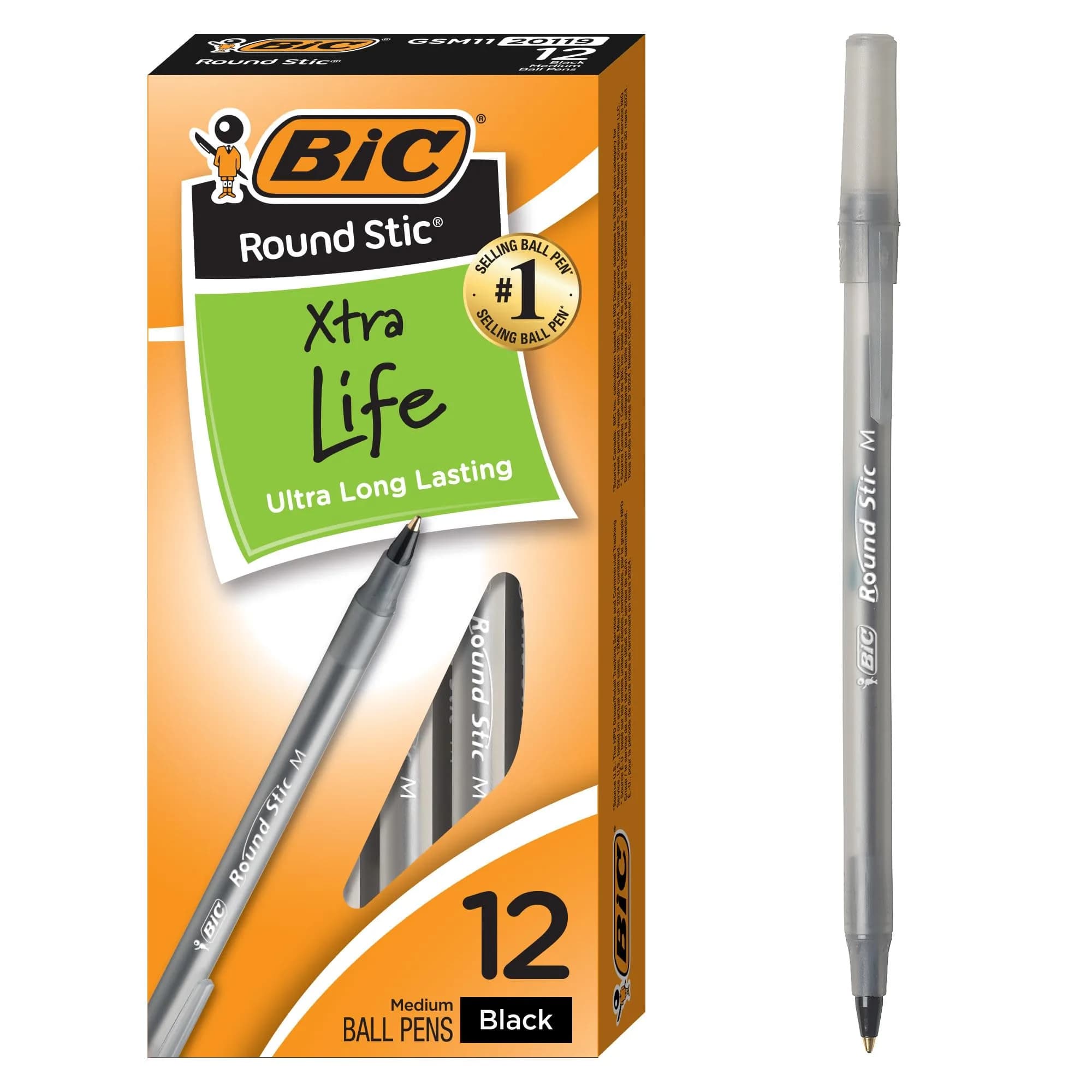 BIC Round Stic Xtra Life Black Ballpoint Pens, 12-Count, 1.0mm Medium Point | Smooth Ink Flow for Students & Office - main product image