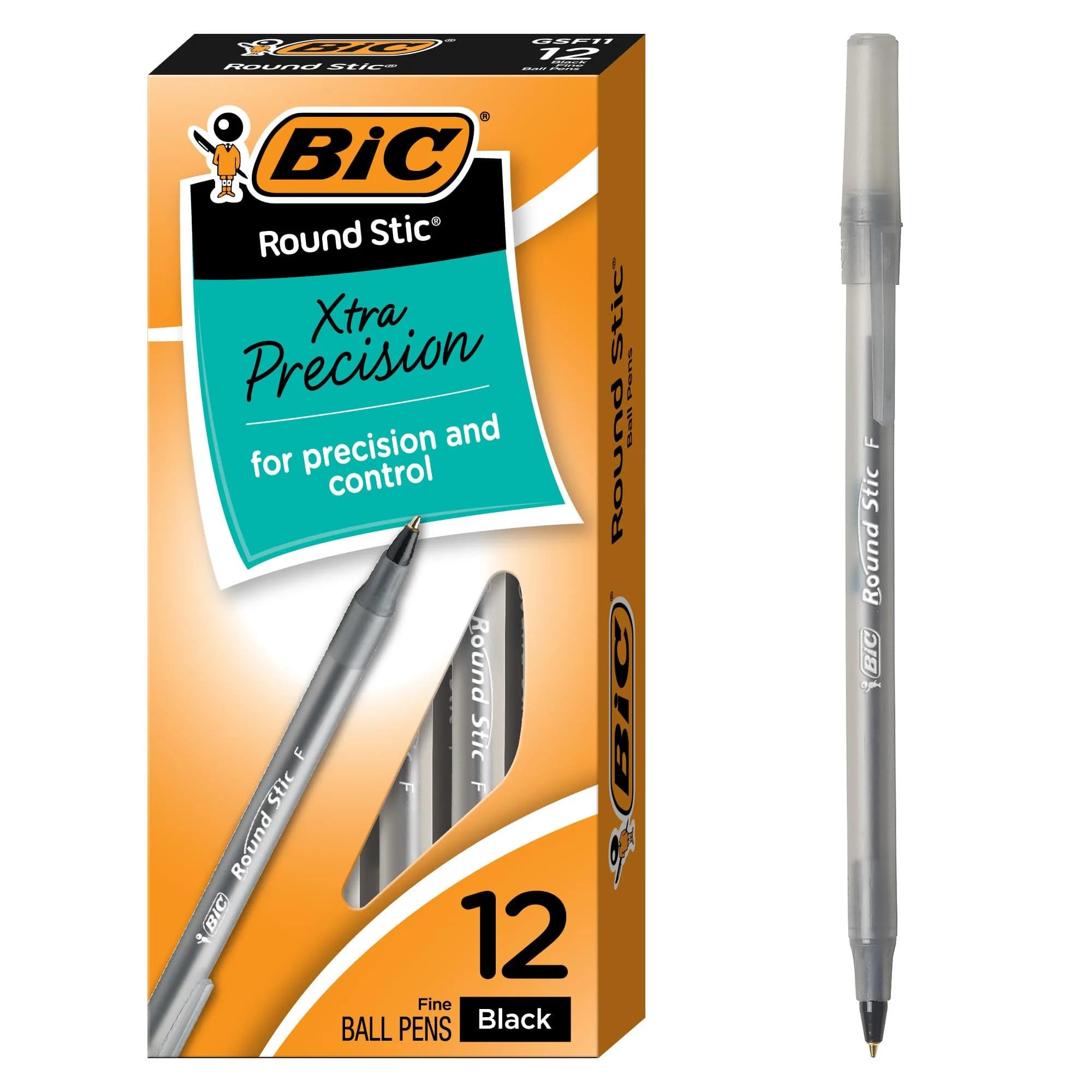 BIC Round Stic Xtra Precision Fine Black Ballpoint Pens, 0.8mm (12-Count Pack) | Smooth Ink Flow — Yellow