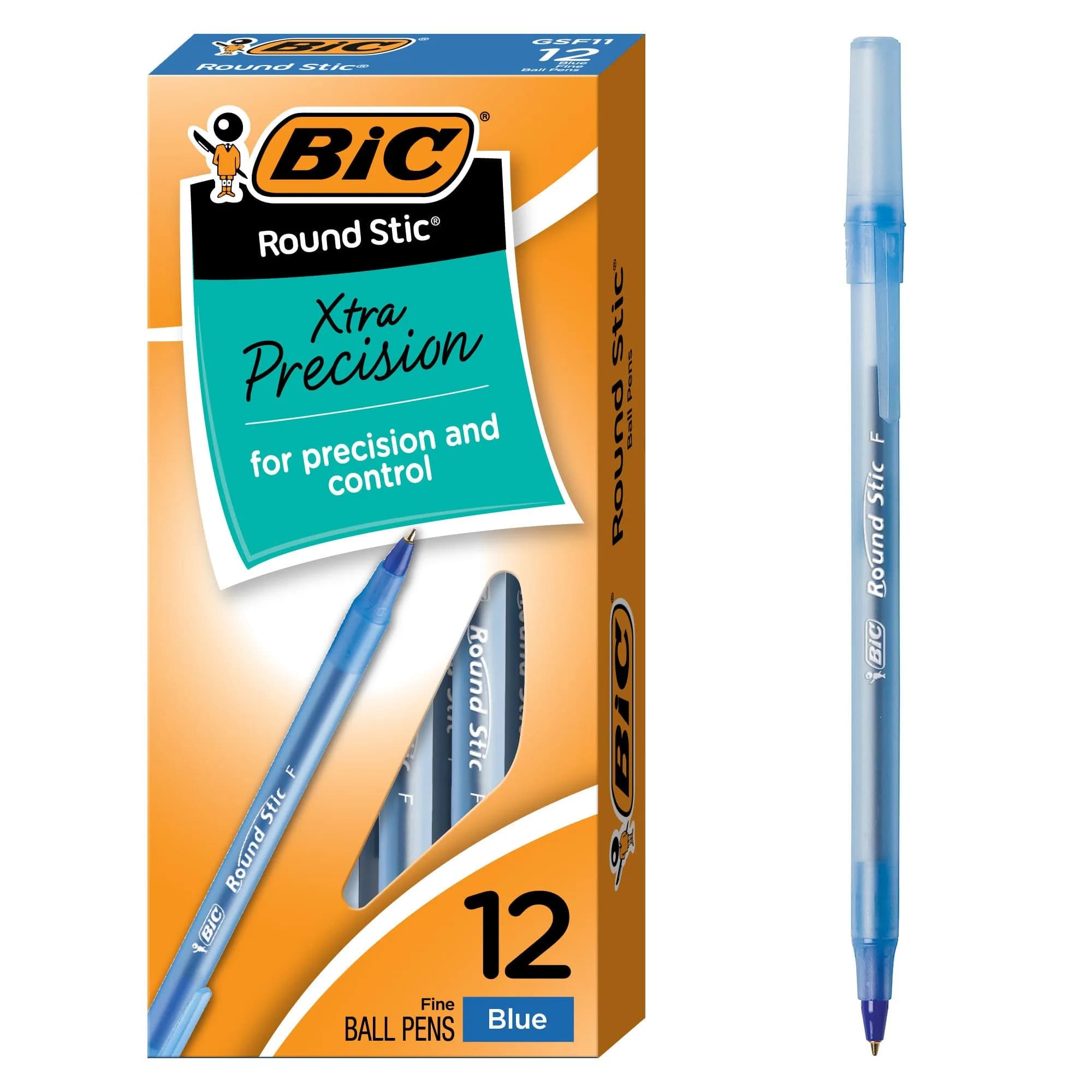 BIC Round Stic Xtra Precision Fine Black Ballpoint Pens, 0.8mm (12-Count Pack) | Smooth Ink Flow — Blue