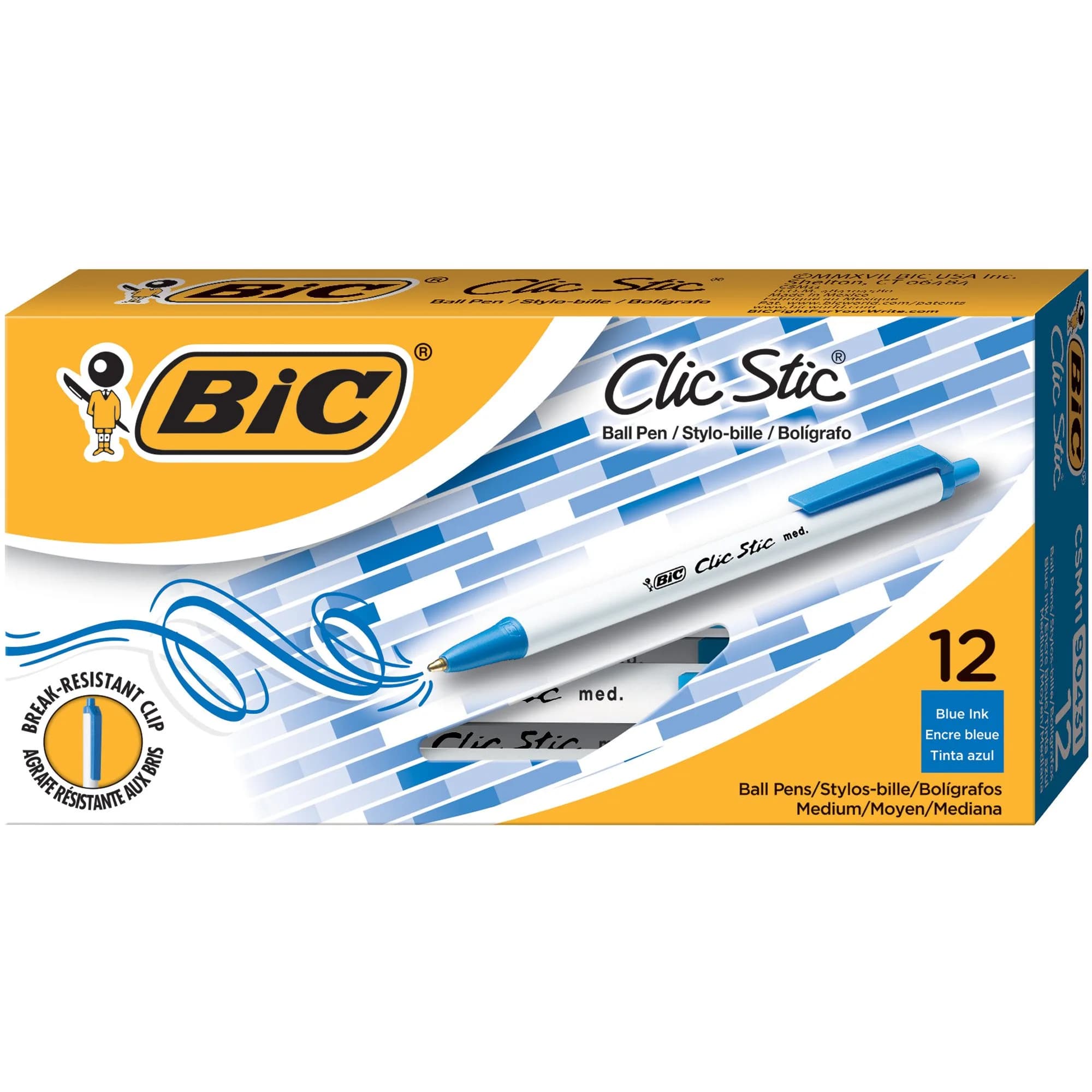 BIC Clic Stic Retractable Ballpoint Pens, Medium Point 1.0mm, Black Ink, 12-Count Pack | Smooth Ink Flow for Students & Office — Blue