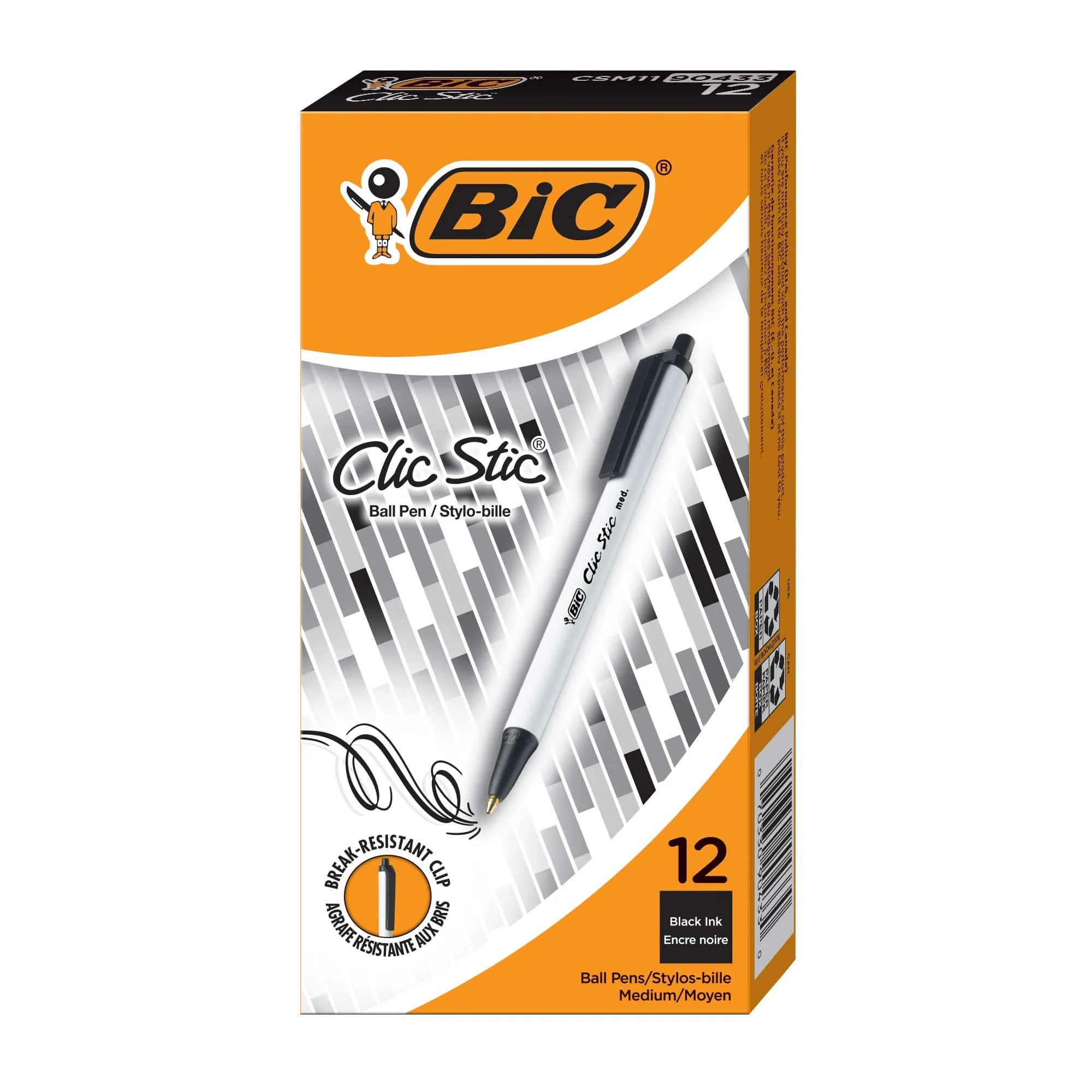 BIC Clic Stic Retractable Ballpoint Pens, Medium Point 1.0mm, Black Ink, 12-Count Pack | Smooth Ink Flow for Students & Office — Black