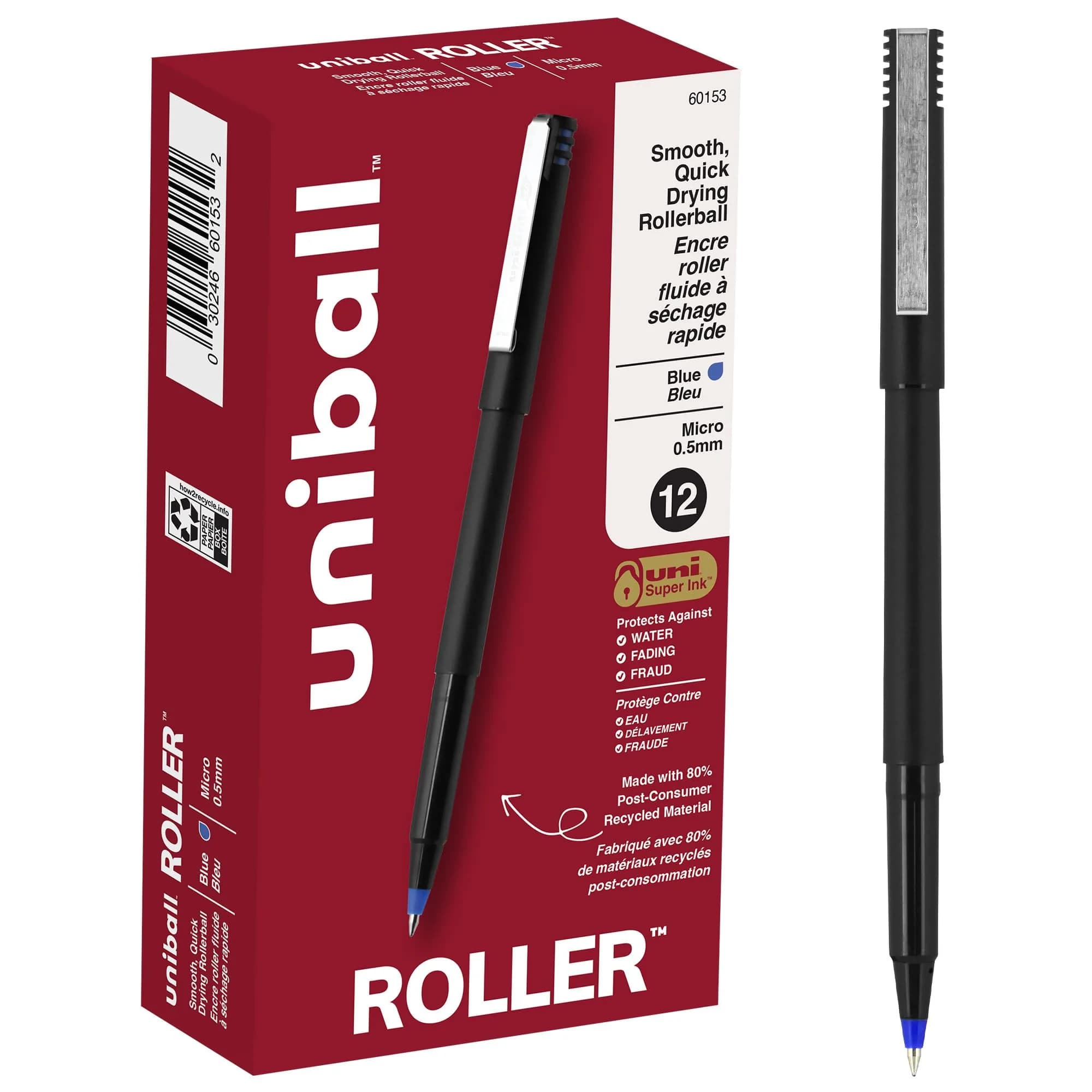 Uni-Ball Roller Rollerball Pens Micro Point (0.5mm) Blue 12-Pack | Smooth Ink Flow & Fade-Resistant