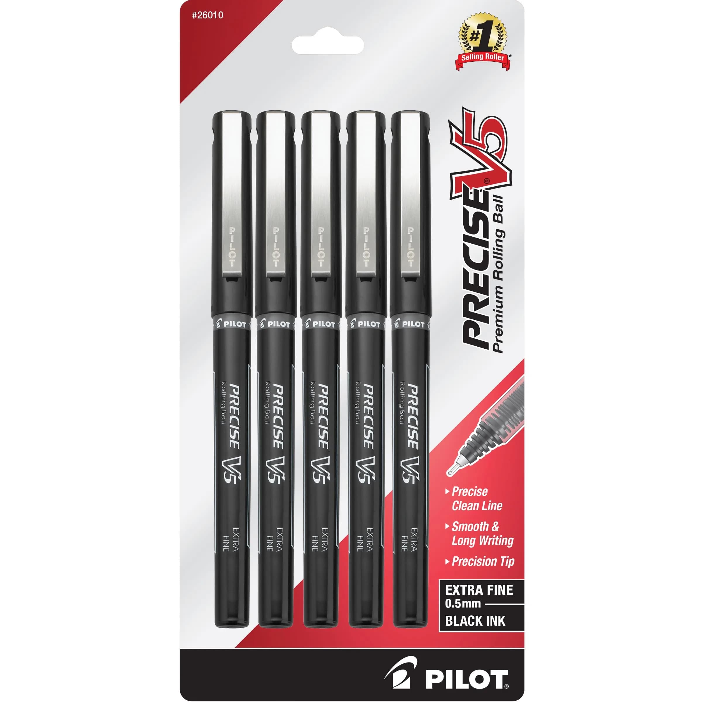 Pilot Precise V5 Rollerball Pen 0.5mm Extra Fine Point Red Pack of 5 | Smooth, Precise & Fade-Resistant — Black