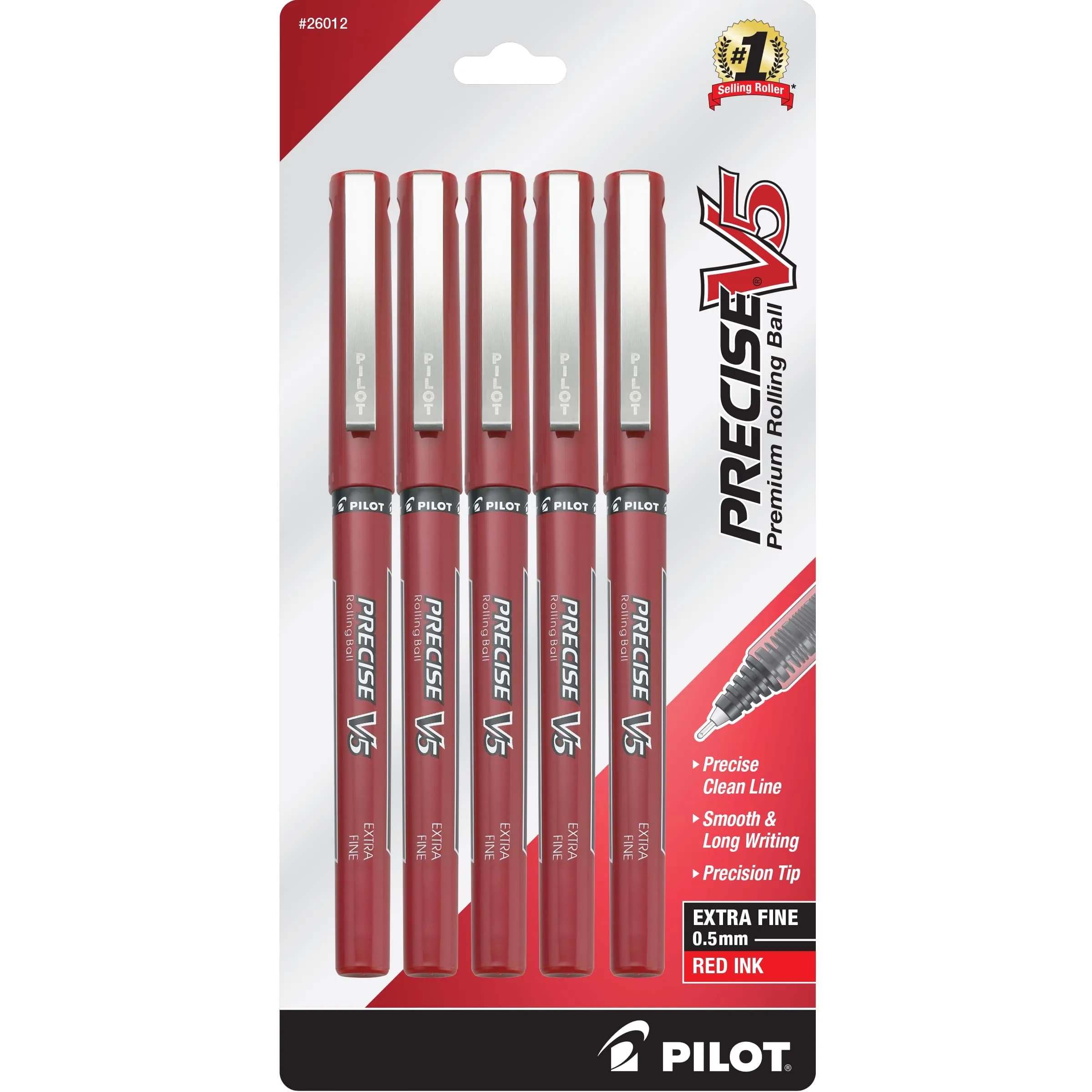 Pilot Precise V5 Rollerball Pen 0.5mm Extra Fine Point Red Pack of 5 | Smooth, Precise & Fade-Resistant — Red