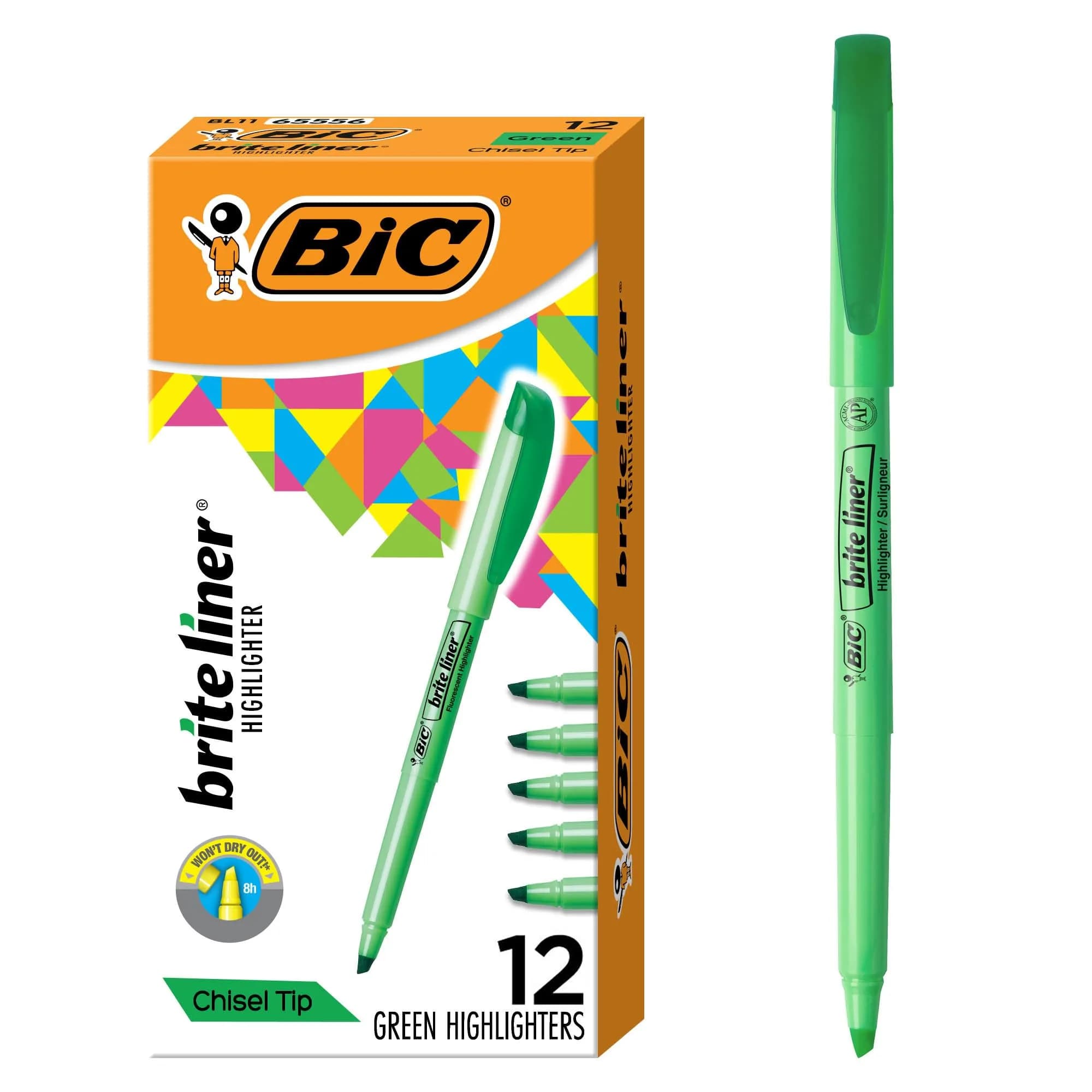 BIC Brite Liner Grip Pastel Highlighter Set, Chisel Tip, 12 Count (Pack of 18) | Smooth Ink Flow for Bullet Journaling — Green
