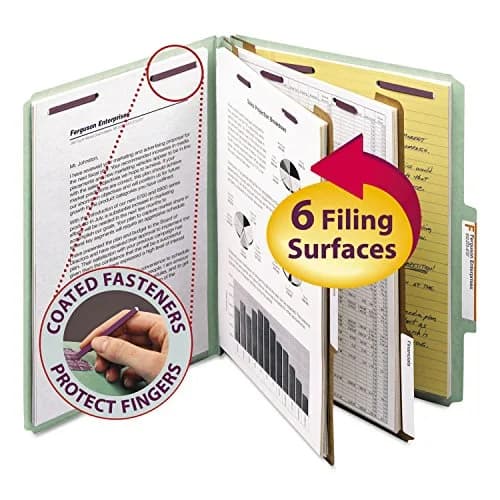 Smead Pressboard Classification File Folder with SafeSHIELD Fasteners, 2 Dividers, 2" Expansion, Letter Size, Gray/Green, 10 per Box | 25 pt. Pressboard thumbnail 1