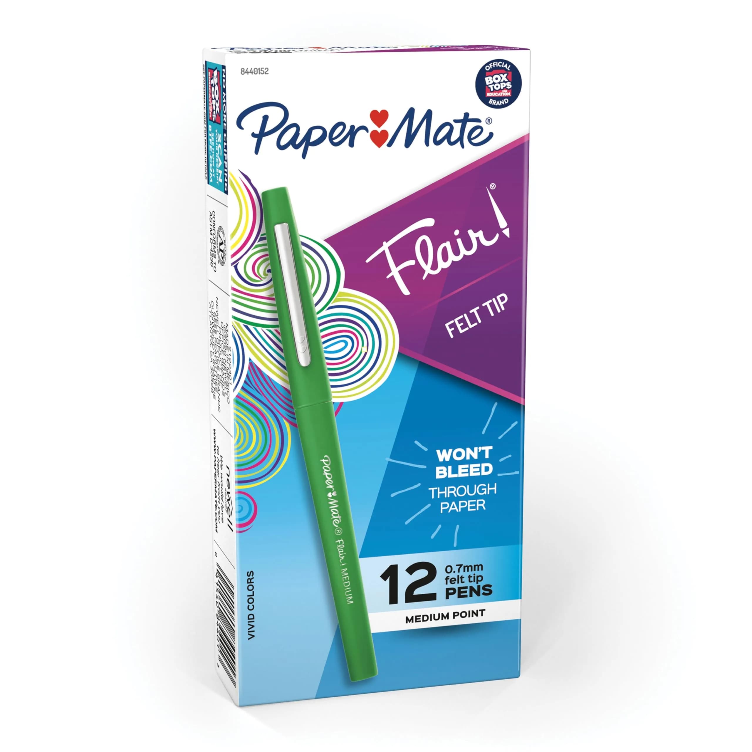Paper Mate Flair Felt Tip Pens, Medium Point (0.7mm), Green Ink, 12 Count | Bright Colors for Writing & Journaling
