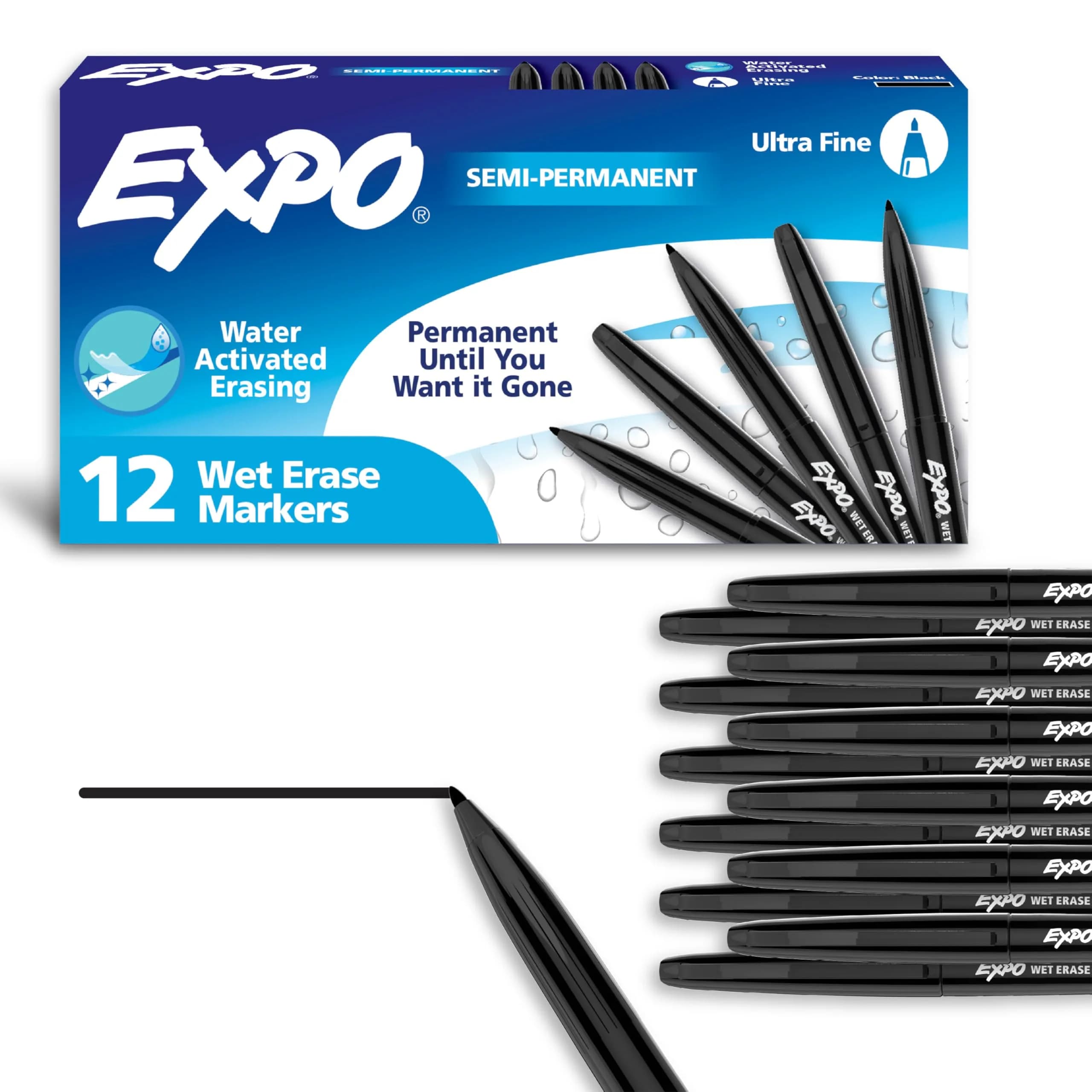 EXPO Wet Erase Markers, Black, Ultra Fine Tip, 12 Count (Pack of 12) | Water-Activated Erasable for Glass & Whiteboards — Black