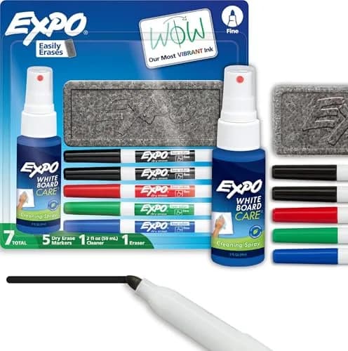 EXPO Dry Erase Markers Kit, Fine Tip, Assorted Colors, Eraser, Spray Cleaner, 7 Count | Vibrant Ink for Clear Communication thumbnail 1