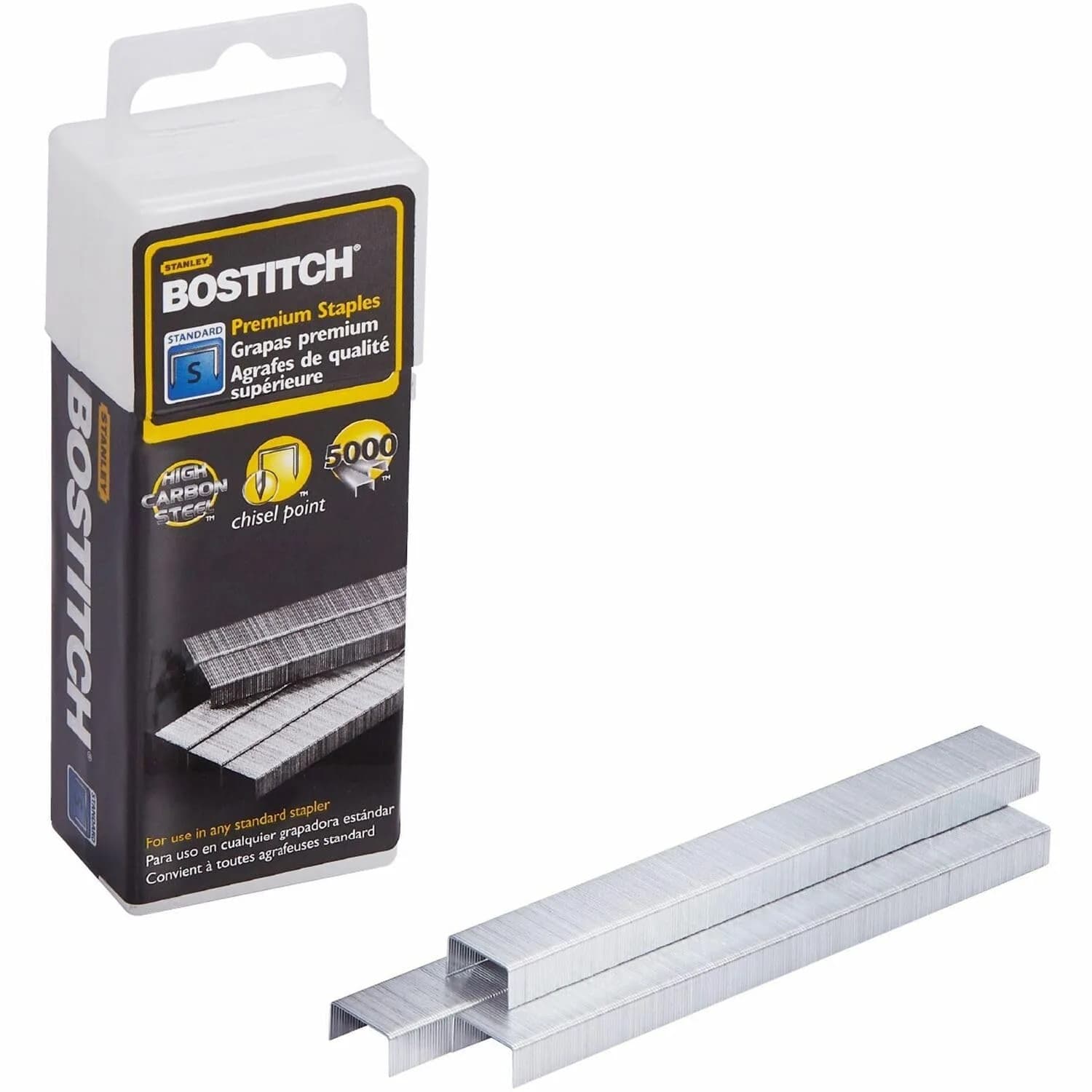 Bostitch Office Premium Staples for Jam-Free Stapling, 0.25 Inch, Full Strip, 5,000 Staples/Box | Sharp, High Carbon Steel — Steel in Plastic Box