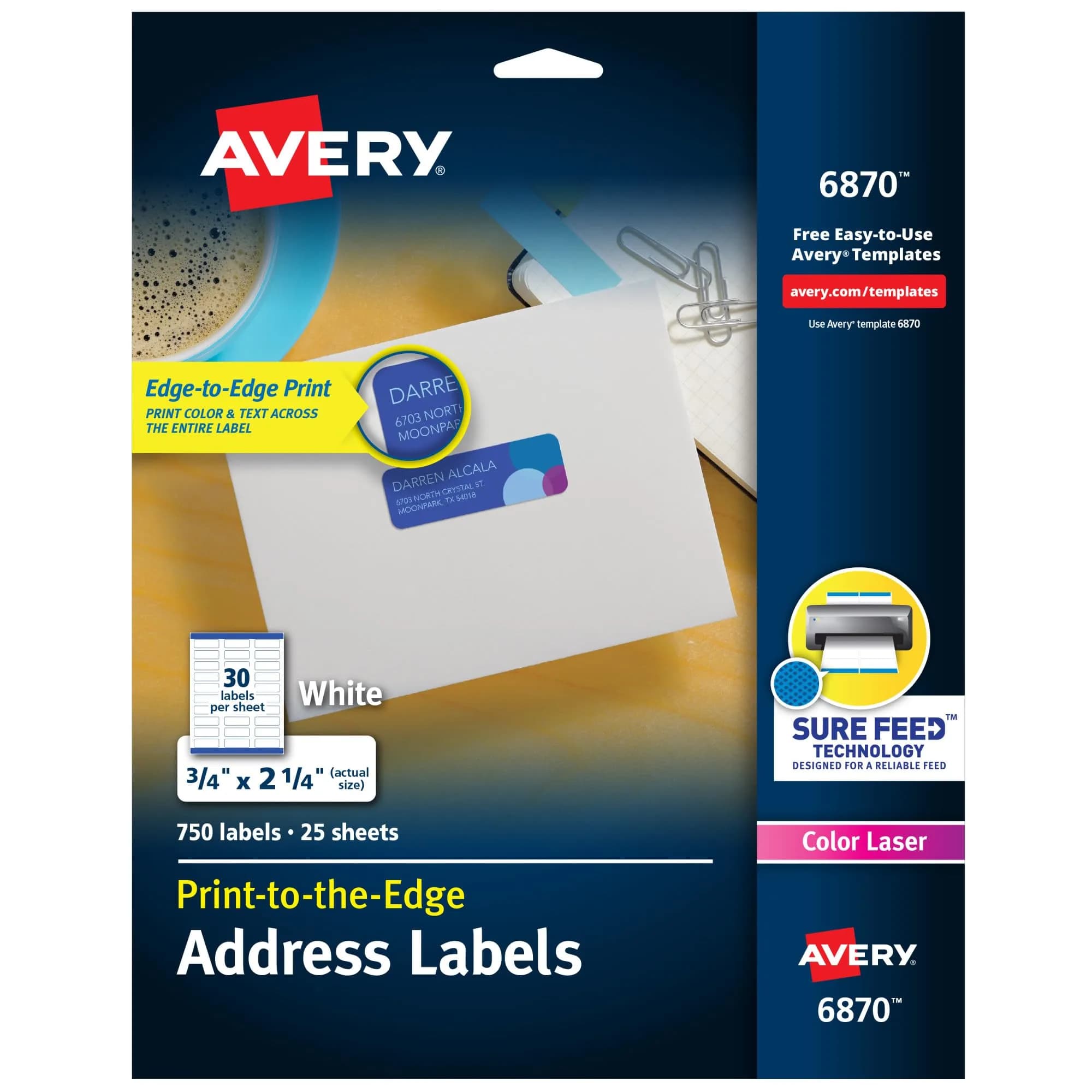 Avery Printable Address Labels 0.75" x 2.25" Matte White 750 Labels | Sure Feed Technology for Laser & Inkjet Printers - main product image