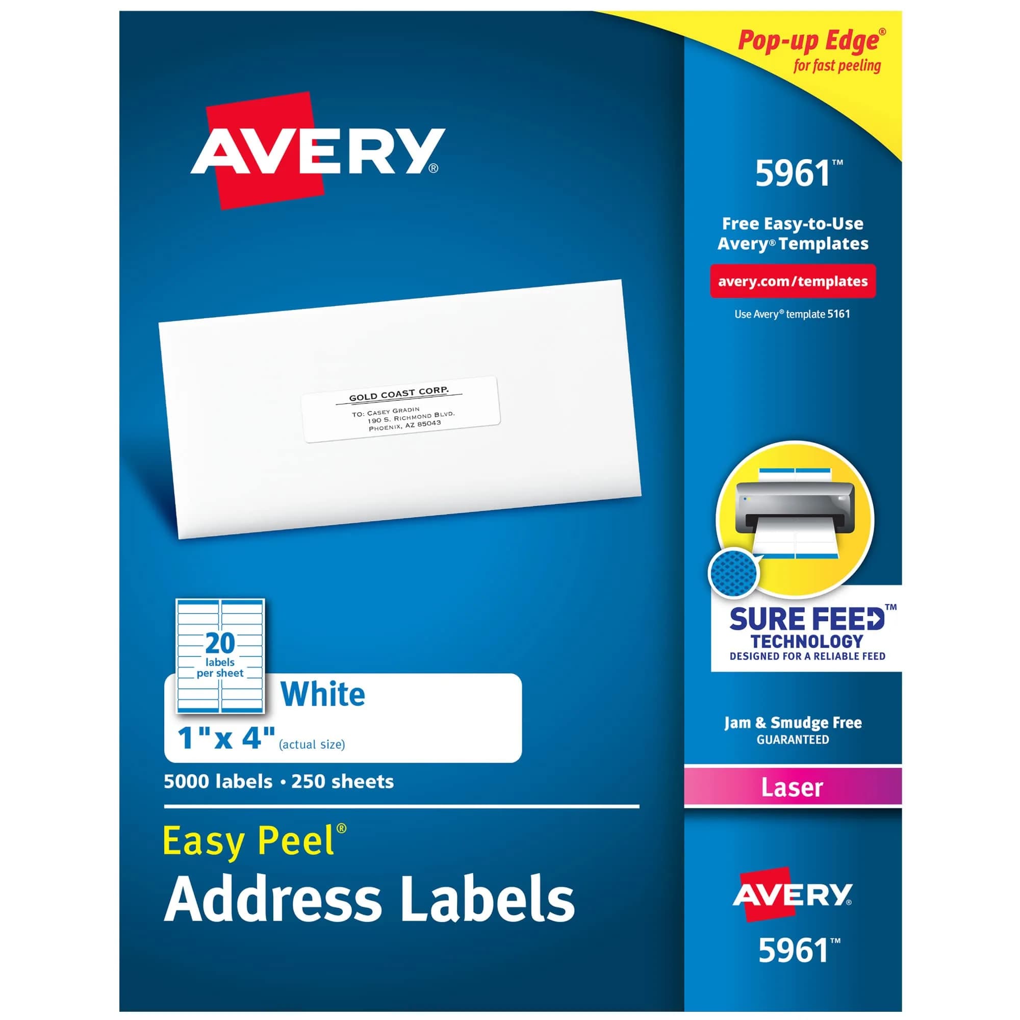 Avery Easy Peel Printable Address Labels with Sure Feed, 1" x 4", White, 500 Blank Mailing Labels | Reliable Printer Feed — White