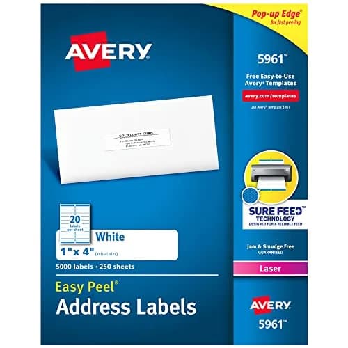 Avery Easy Peel Printable Address Labels with Sure Feed, 1" x 4", White, 5,000 Labels | Professional Grade thumbnail 1
