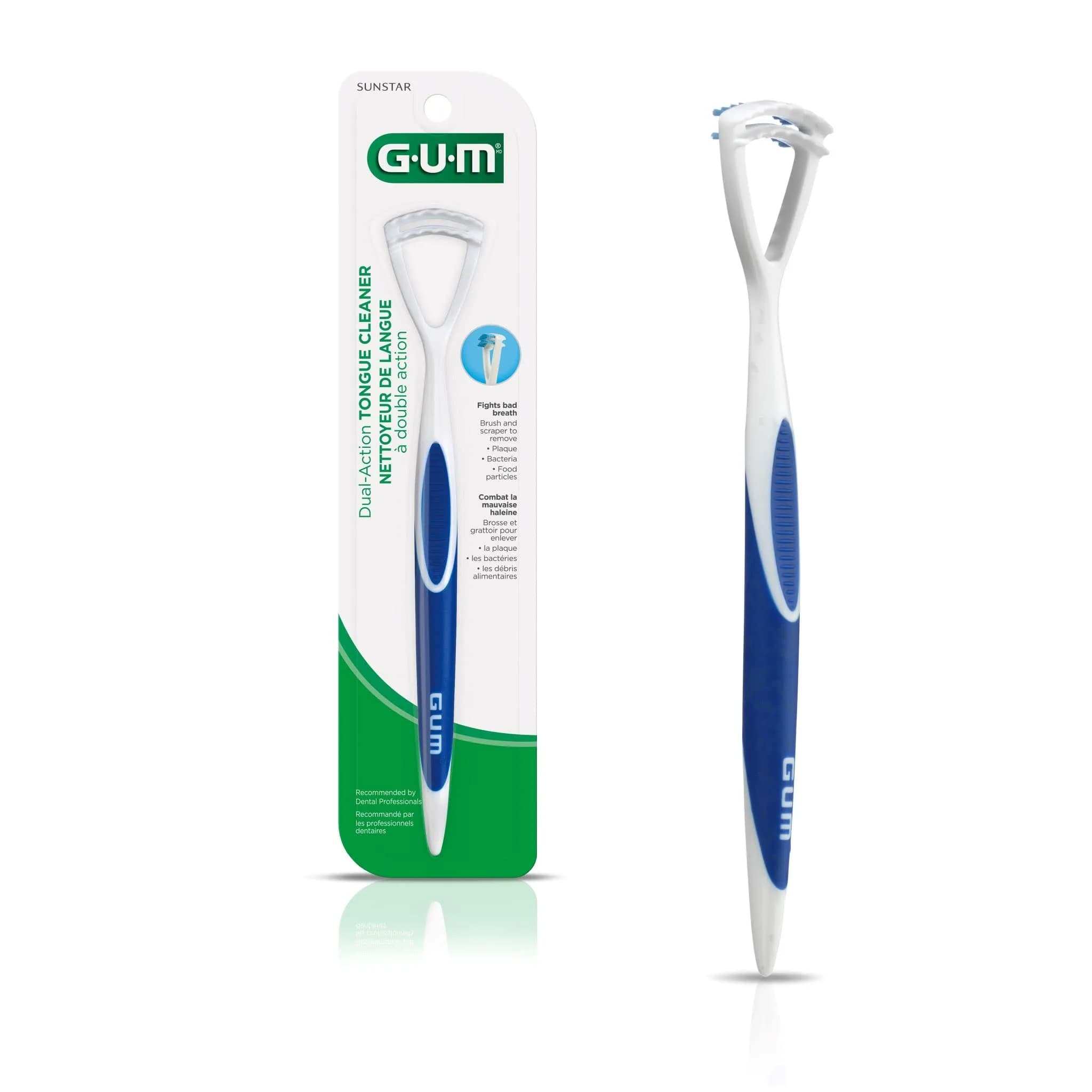 GUM Dual Action Tongue Cleaner Brush/Scraper 3 Count | Fights Bad Breath & Removes Plaque — White & Blue