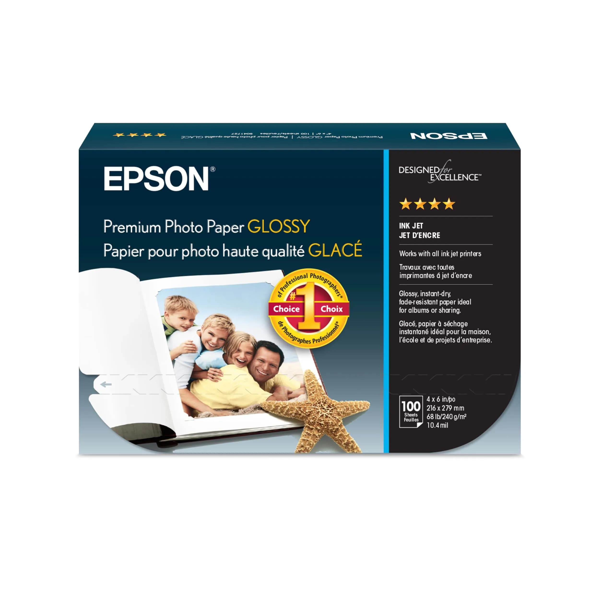 Epson Premium Photo Paper Glossy 4x6 Inches (100 Sheets) | High-Gloss, Water-Resistant Finish - main product image