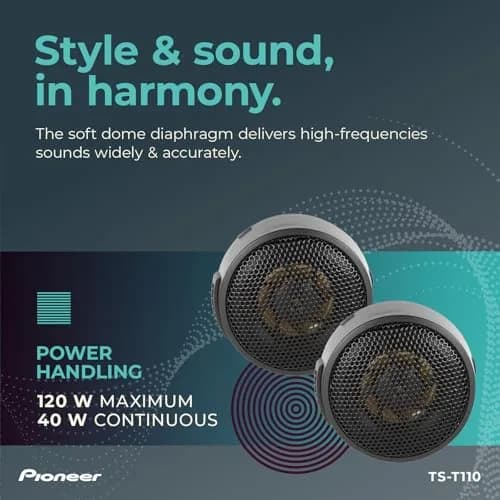 PIONEER TS-T110 7/8" Hard Dome Component Tweeters 120W Max | Clear High-Frequency Detail, Easy Add-On for Clarity, Flush/Surface Mount thumbnail 4
