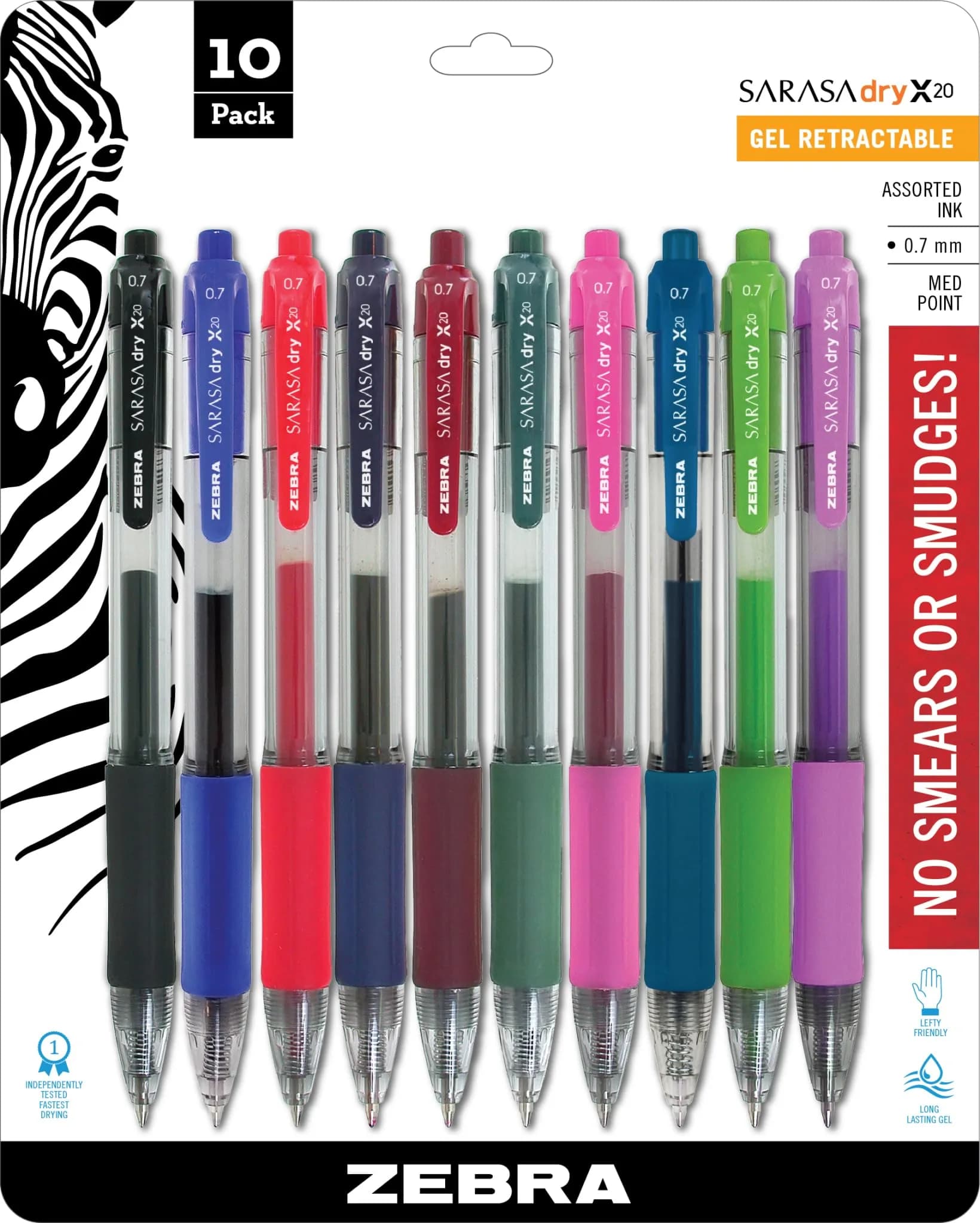 Zebra Sarasa Dry X20 Retractable Gel Pen 0.7mm | Smudge-Free, Vibrant Ink, Left-Hand Friendly — Fashion Assorted A