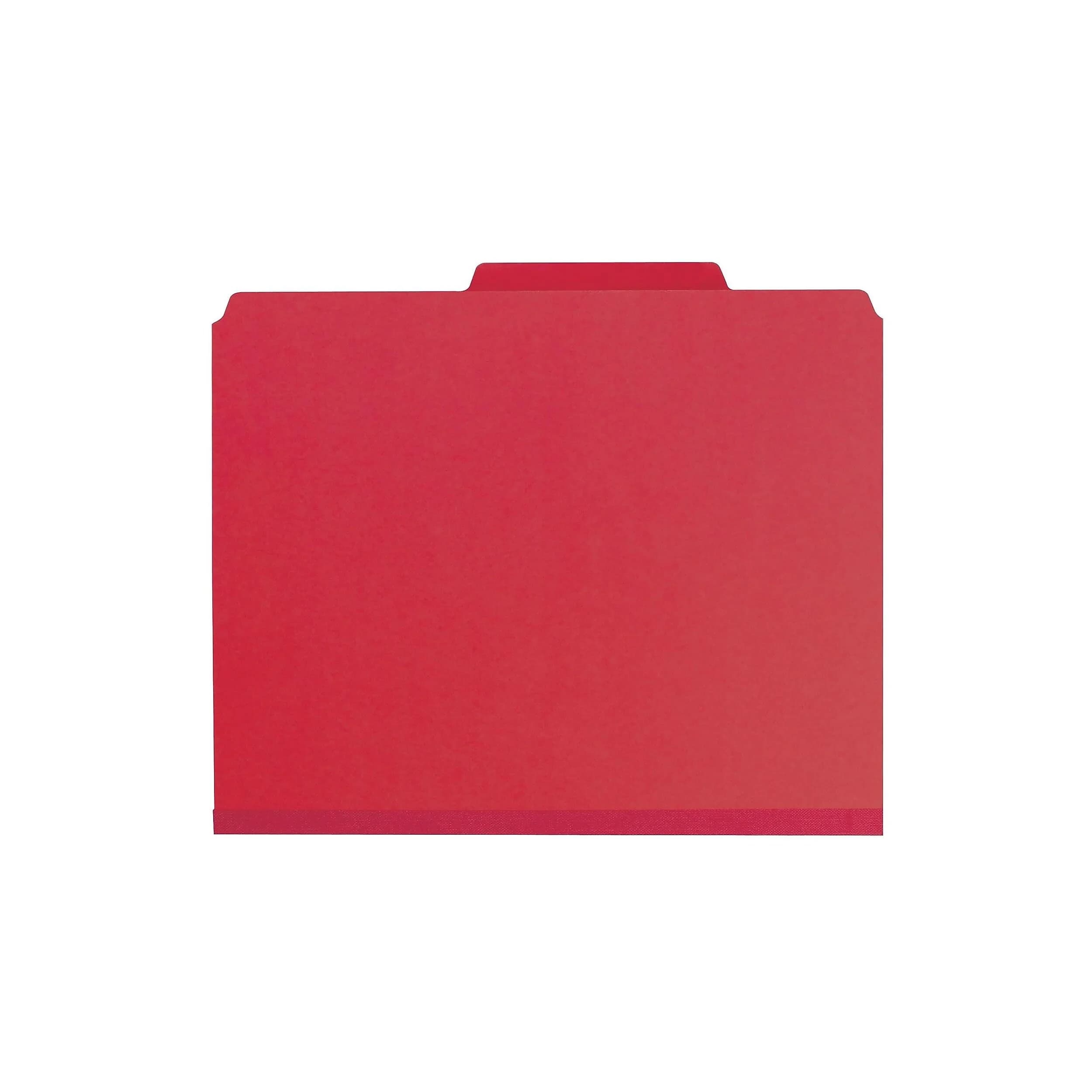 Smead Pressboard Classification File Folder with SafeSHIELD Fasteners, 2 Dividers, 2" Expansion, Letter Size, Bright Red, 10 per Box | Heavy Duty Project Files - main product image
