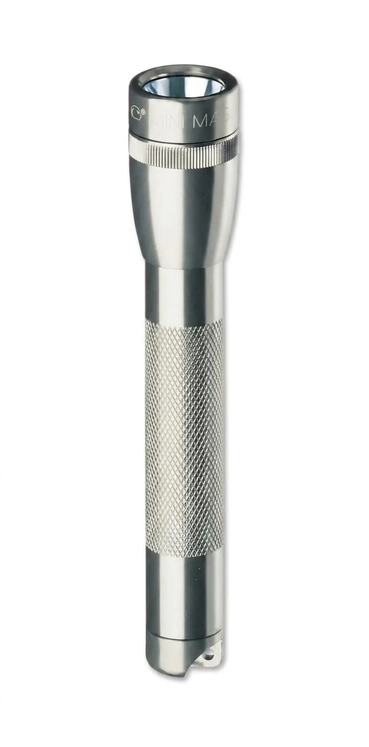 MagLite Mini Incandescent Flashlight 14 Lumens 5.75" | Compact, Water-Resistant, Twist On/Off, 2-Cell AA Battery-Powered with Holster – Gray