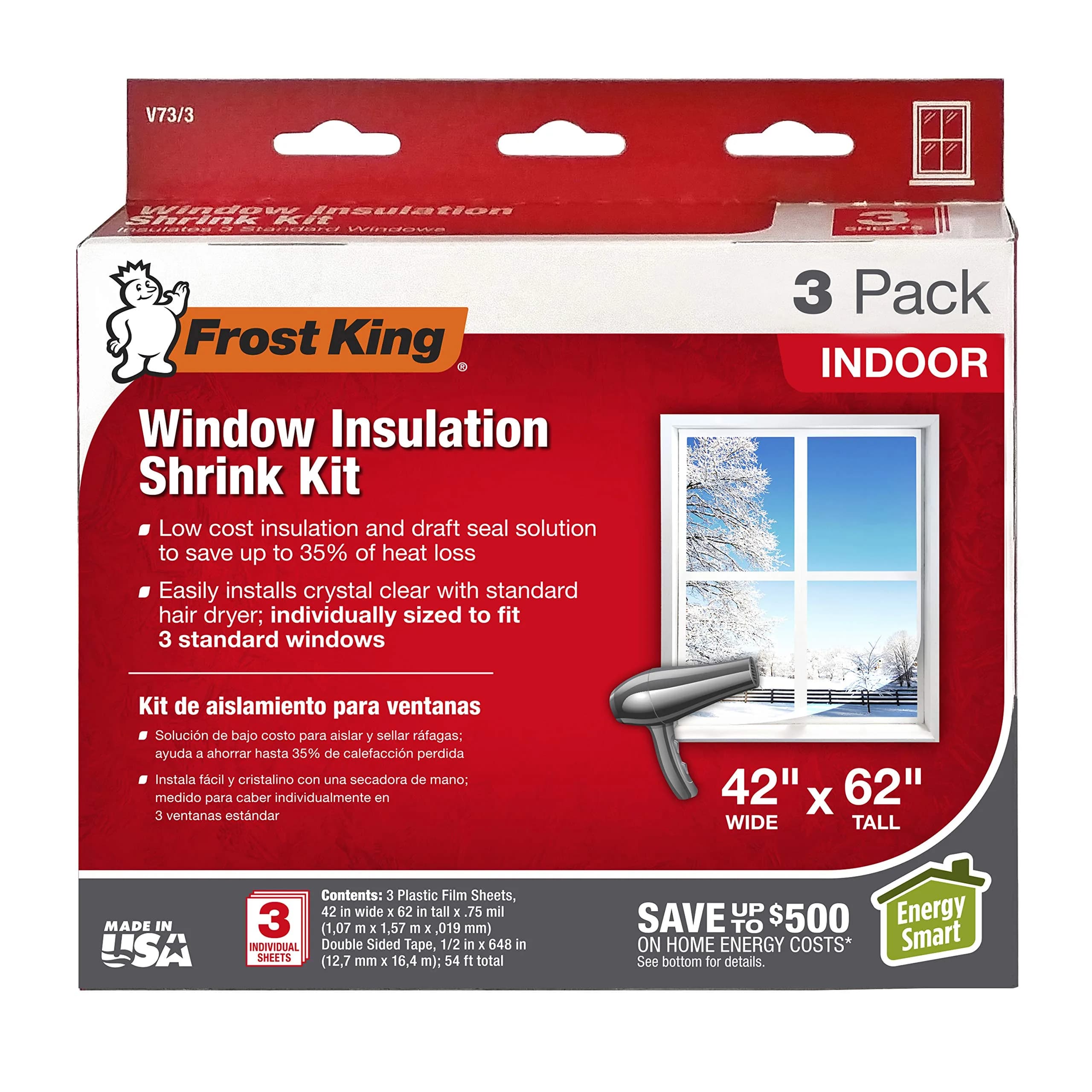 Frost King V73/3H Shrink Window Kit 42 x 62 in | Indoor Weatherproofing Solution