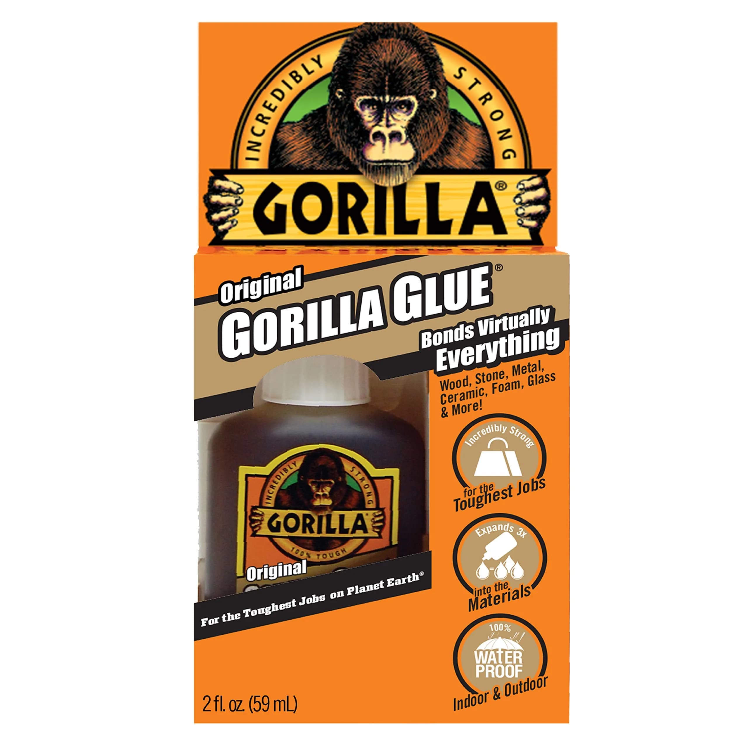 Gorilla Original Waterproof Polyurethane Glue 59ml (2 Fl Oz) | Bonds Wood, Stone, Metal, Ceramic, Foam, Glass, Concrete - main product image