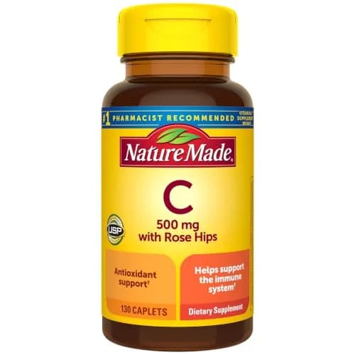Nature Made Vitamin C 500 mg with Rose Hips Caplets 130 Count | Immune Support & Antioxidant Power thumbnail 1