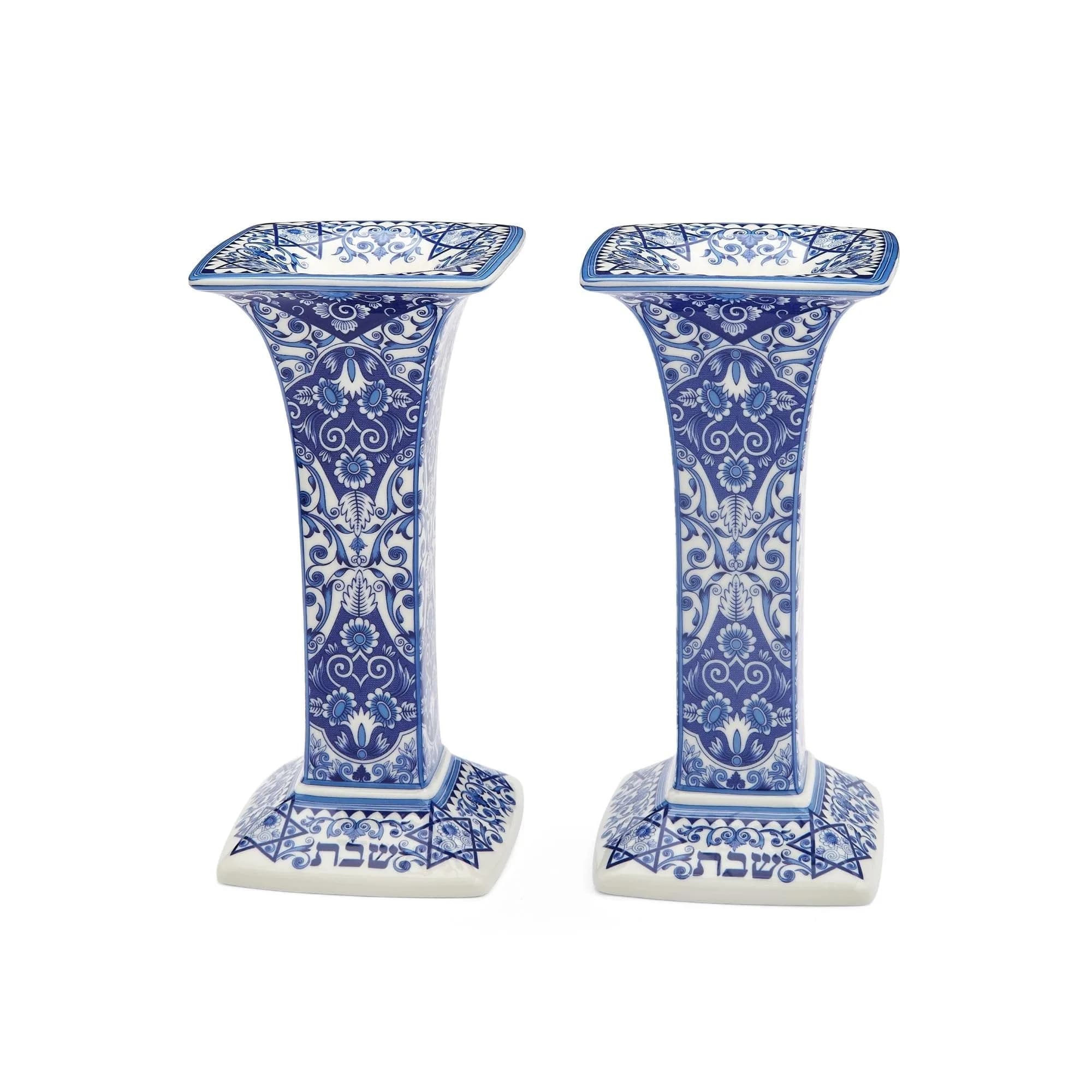 Spode Judaica Sabbath Candlesticks Set of 2 | Elegant Blue & White Ceramic Candle Holders for Shabbat & Holidays - main product image
